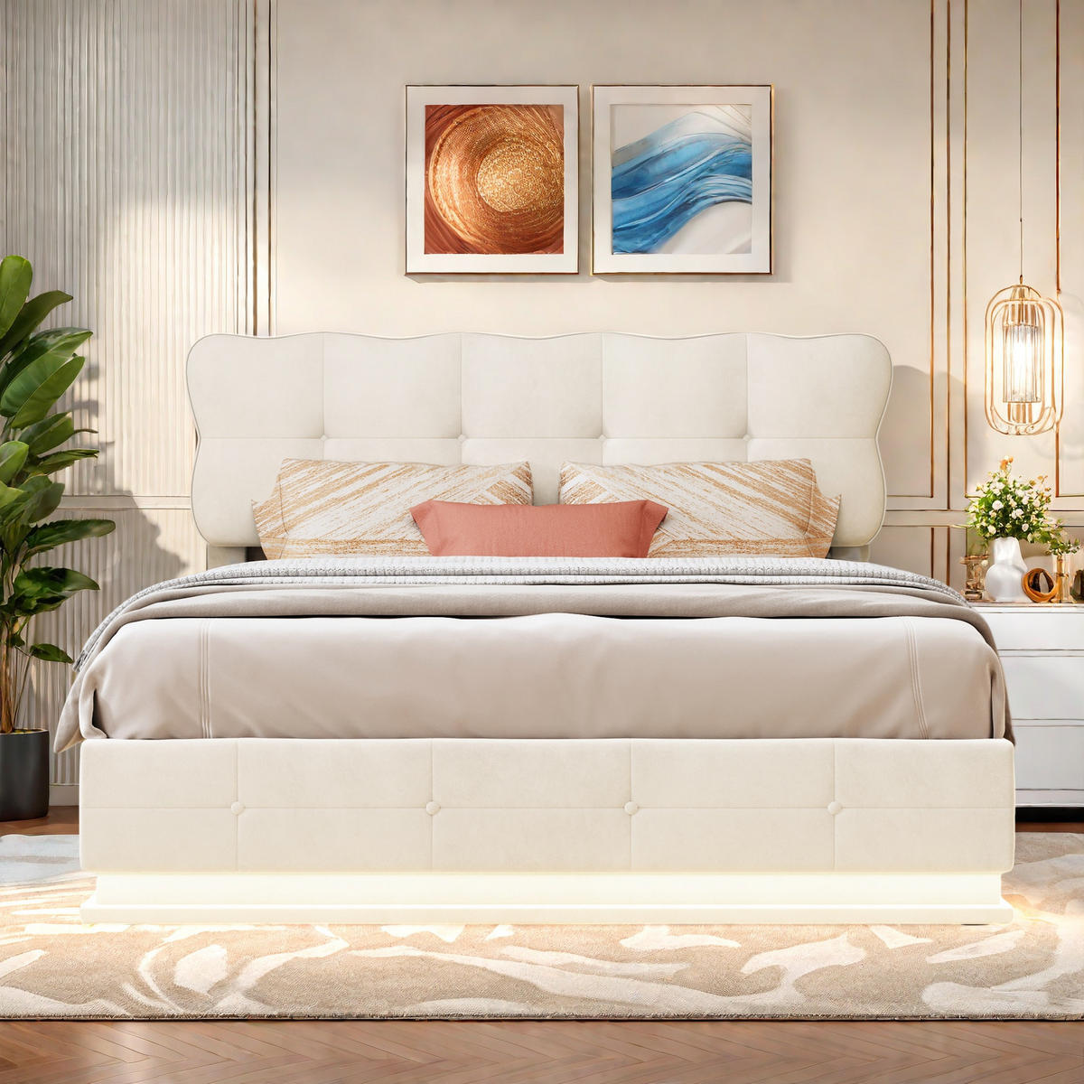 POLSTERBETT 140x200 Beige Samt Mehrfarben-LED - Beige, Metall (140/200cm) - SHOPENTRA