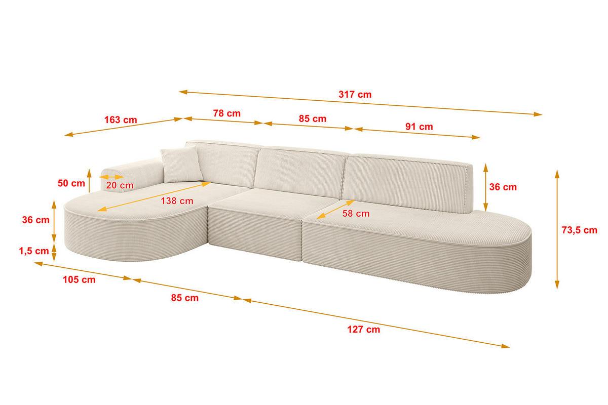 ECKSOFA Ottomane Links MARI-L2 - 317x163x73,5 cm Beige Cord - Beige/Schwarz, Holzwerkstoff/Kunststoff (165/321cm) - ALTDECOR