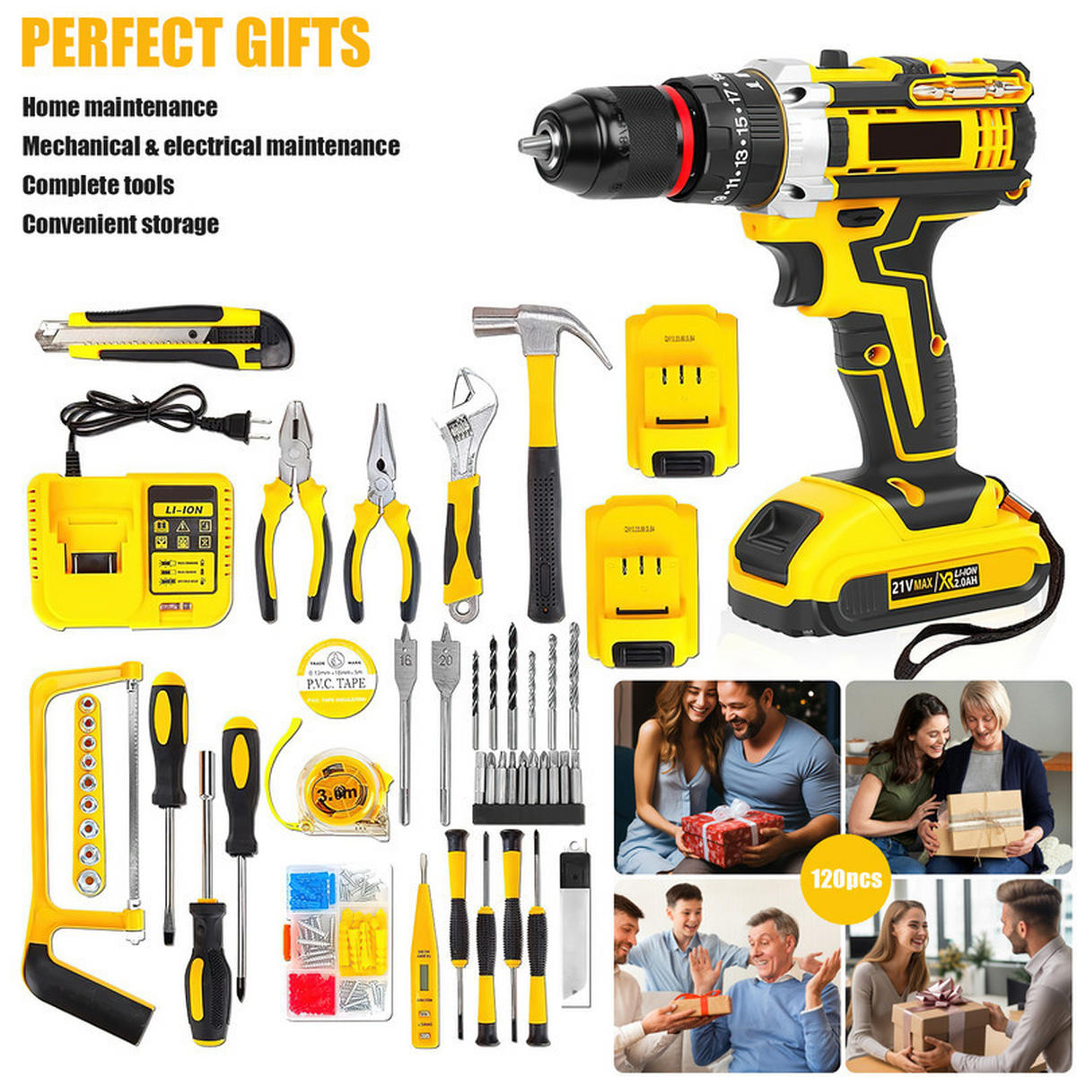 AKKU-SCHLAGBOHRMASCHINE 21 V – Mini Wireless Bohrhammer & Elektroschrauber, Li-Ionen-Akku - Gelb, Metall (10/5/12cm) - Coonoor