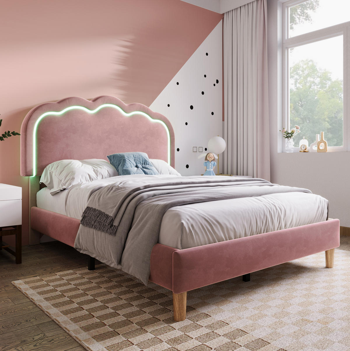 POLSTERBETT 90/190 cm aus Samt in Rosa mit LED-Beleuchtung - Pink, Textil (90/200cm) - Flora Grace