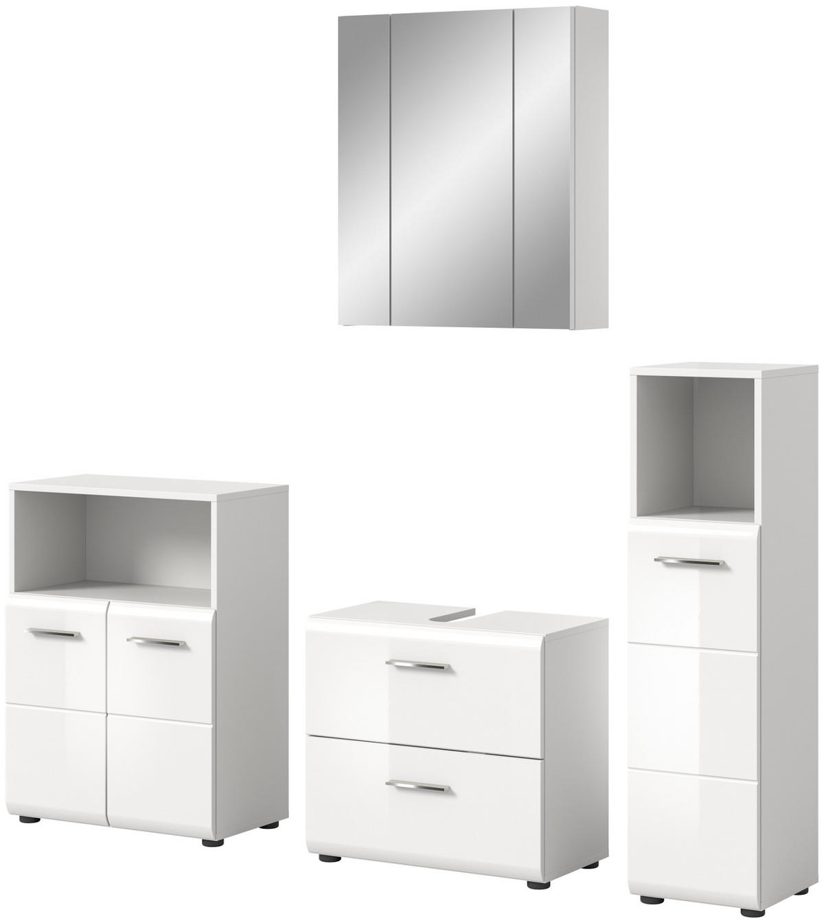 BADMÖBEL Set 4-teilig weiß Hochglanz, Badkombination 180 cm mit viel Stauraum - Weiß Hochglanz/Silberfarben, Glas/Holzwerkstoff (180/185/30cm) - Inn.Furn