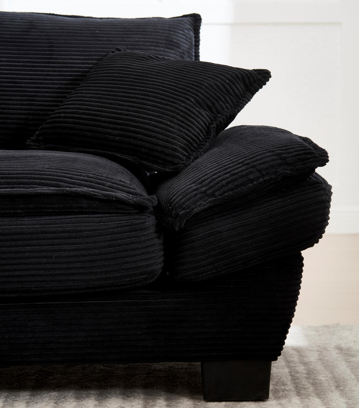 2-SITZER SOFA Cord Schwarz mit Kissen und Armlehnen - Schwarz, Holzwerkstoff/Kunststoff (224/81/81cm) - WISHDOR
