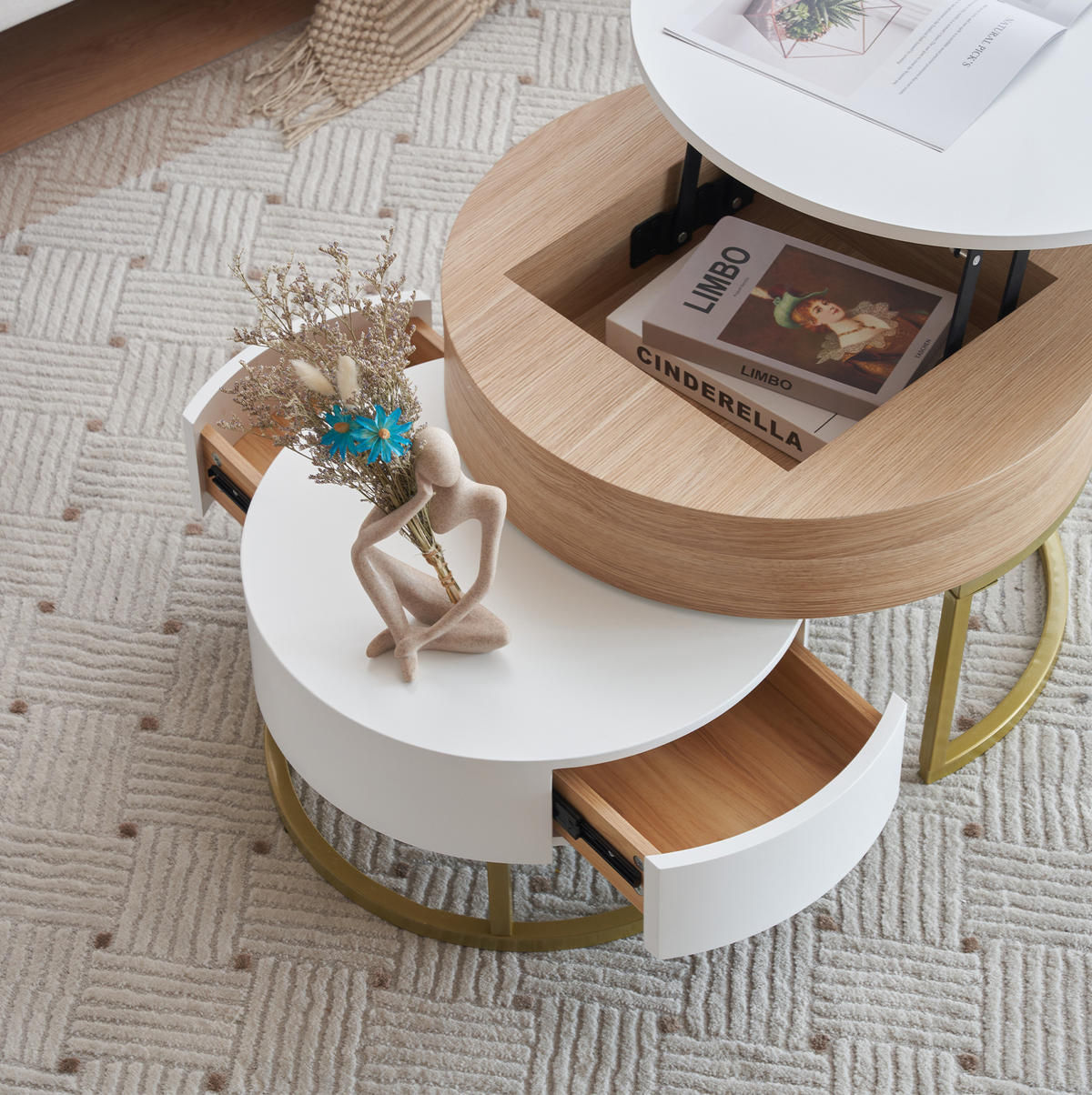 KONFERENČNÍ stolek, 70/70/56 + 60/60/27 cm bílý, MDF se zvedací deskou a zásuvkou - bílá, kompozitní dřevo (70/70/56.5cm) - BEAOK