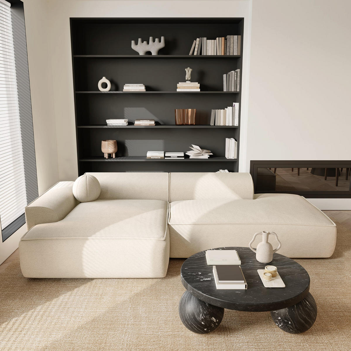 ECKSOFA LINKS Rastergewebe Creme 260cm - Creme, Textil (155/260cm) - Sia Home