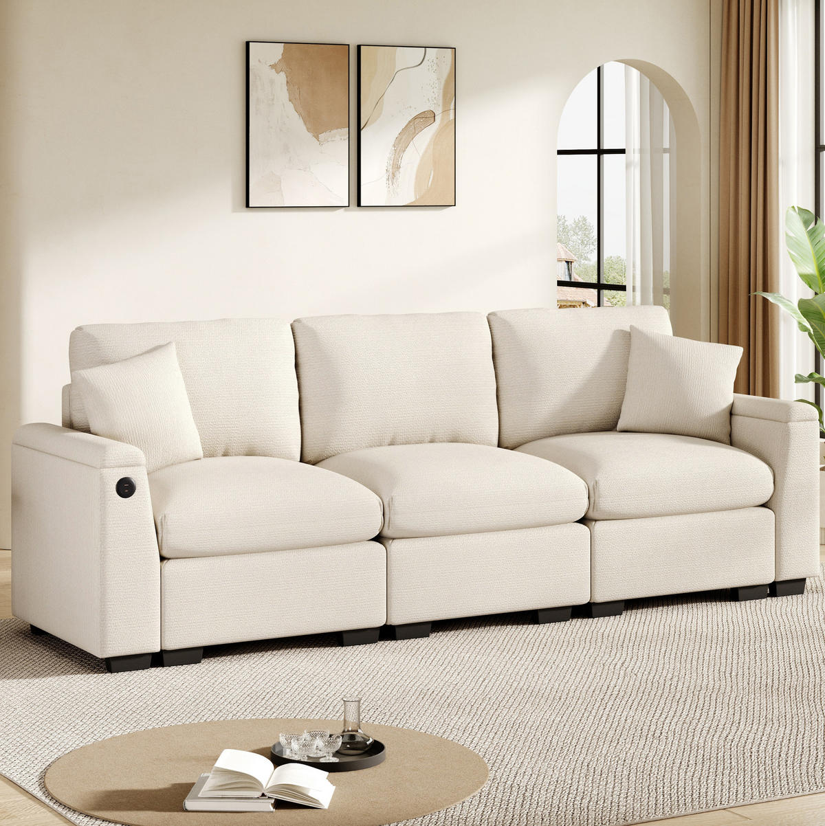 3-SITZER aus Chenille 242x80x88 cm in Beige mit USB-Anschluss & Stauraum - Beige, Textil (80/88/242cm) - Modfu
