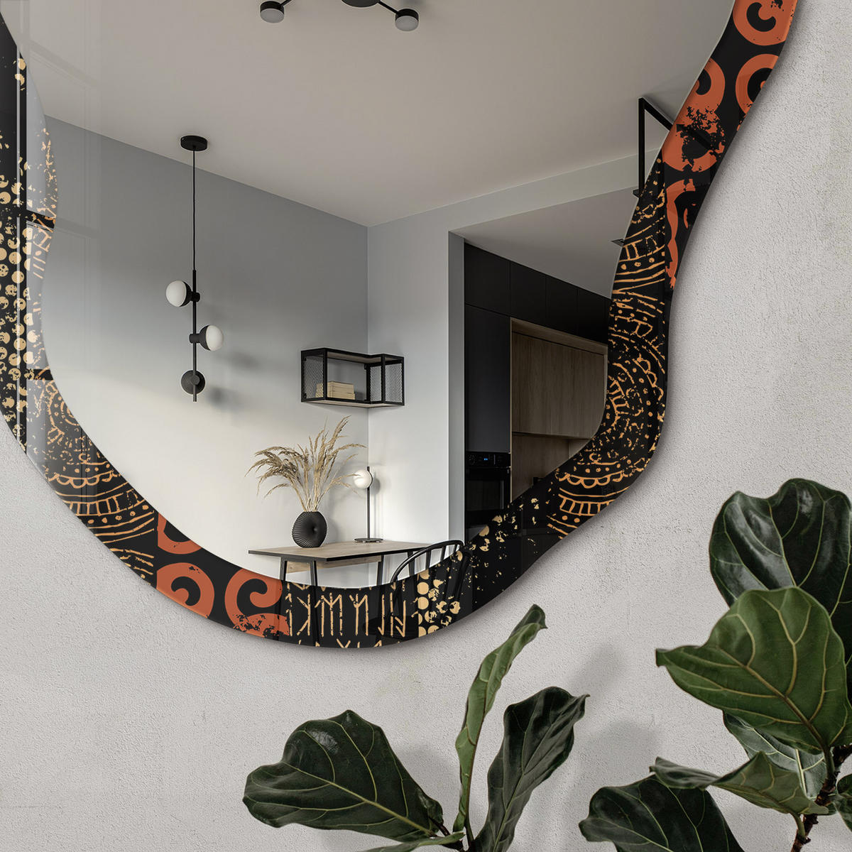 SPIEGEL 90x45 cm asymmetrisch mit Druck - Retro-Ornament - Transparent, Glas (45/90/0.4cm) - TULUP