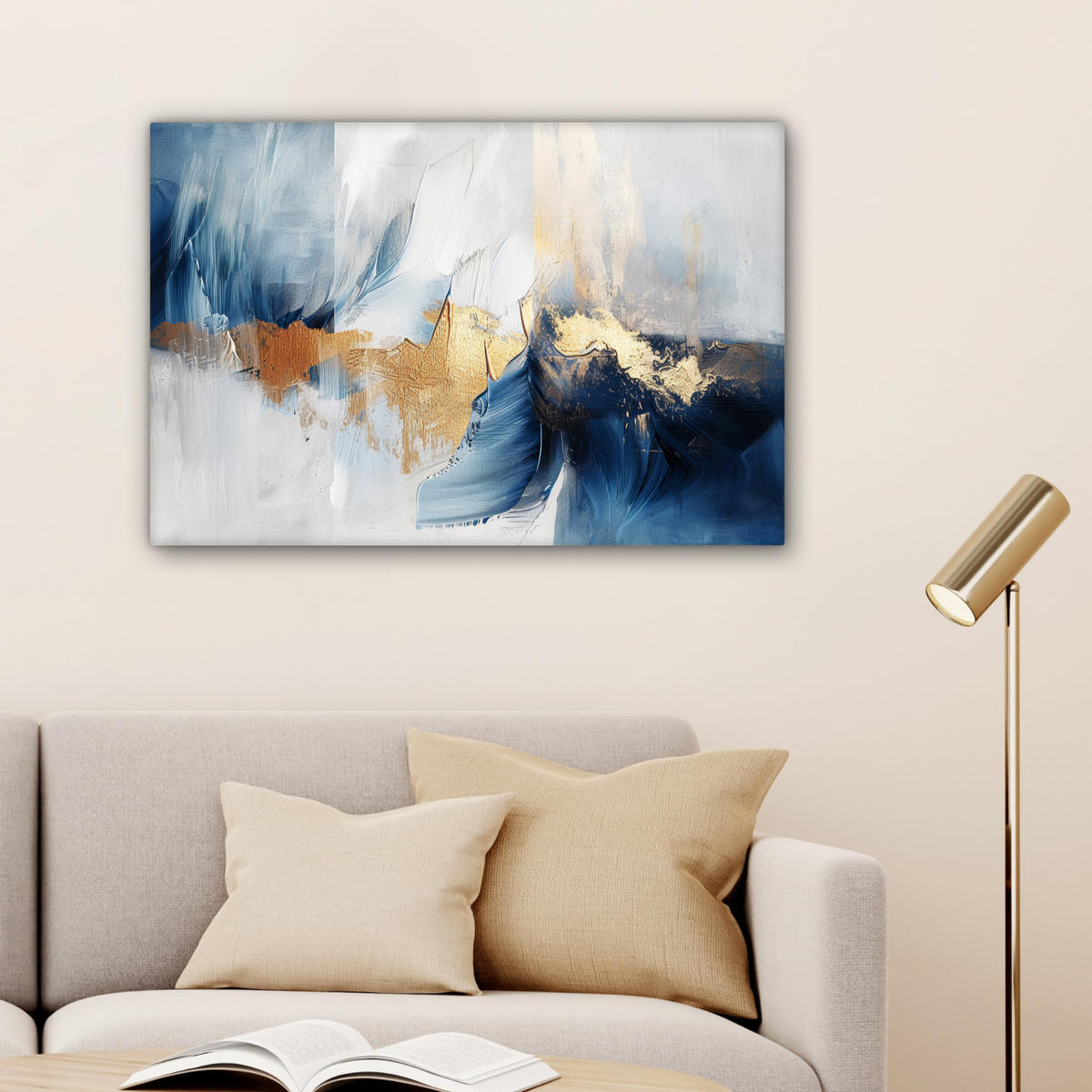 LEINWANDBILD Gold - Blau - Aquarell - Kunst - Modern Wanddeko 90x60 cm - Hellblau, Textil (90/60cm) - MuchoWow