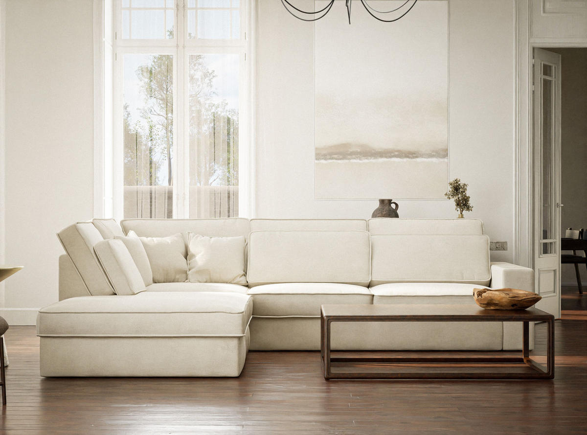 ECKSOFA Kirou Creme Chenille-Stoff - Links Seite - Creme/Schwarz, Holz/Holzwerkstoff (225/311cm) - Maison de Reve