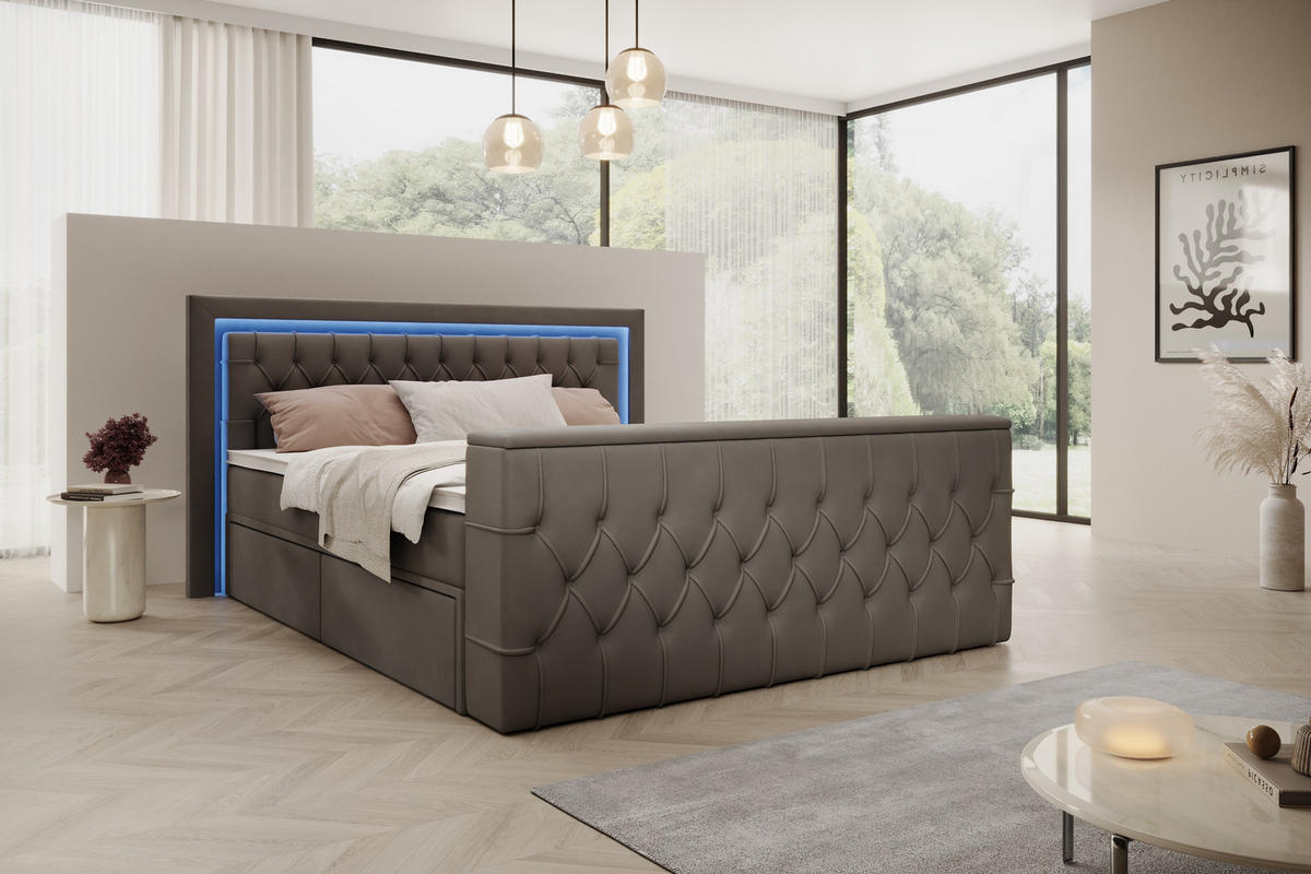 BOXSPRINGBETT Arosa TV mit Schubladen und Topper, TV-Lift, LED Beleuchtung, Samt, 180x200 cm, Grau - Grau, Holz - PROMETO Möbel