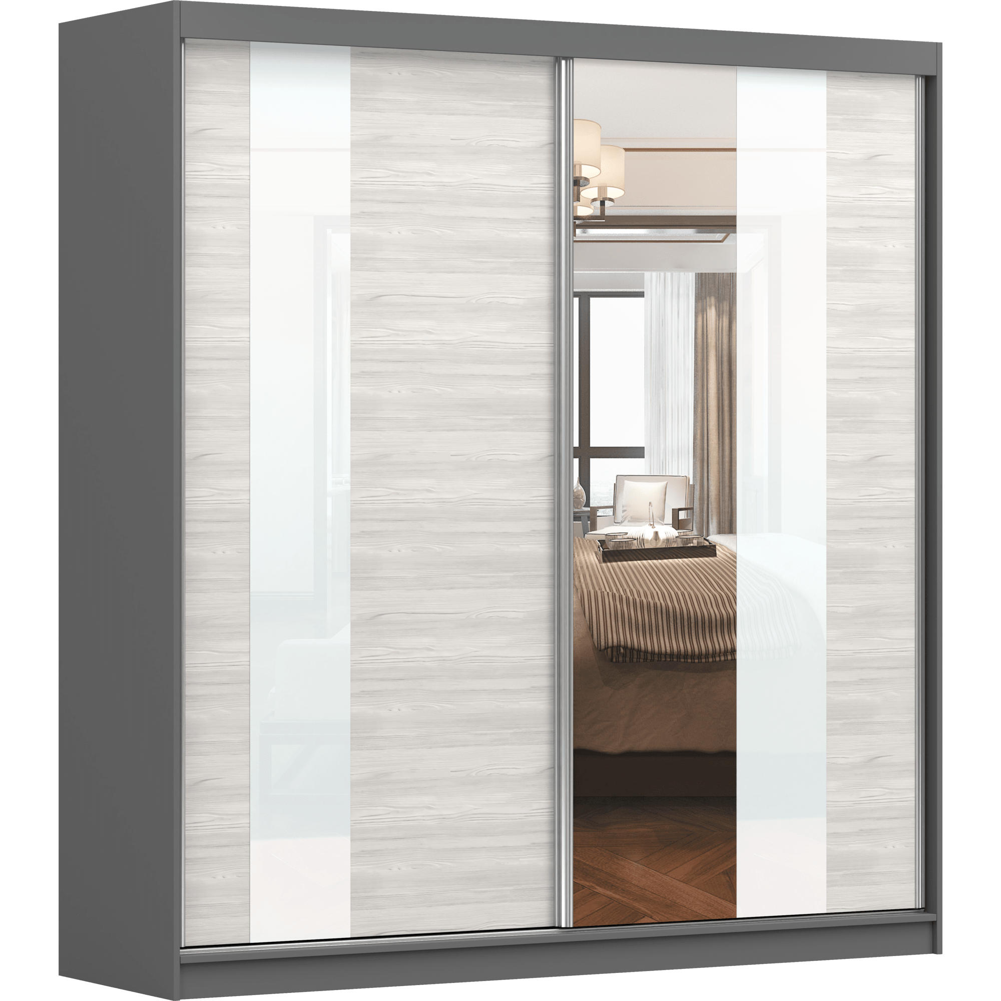 SCHWEBETÜRENSCHRANK MULTI 32 Graphit, Kathult Weiß, ohne LED Beleuchtung 203 cm - Weiß/Grau, Glas/Holz (203/218/61cm) - imoebel24