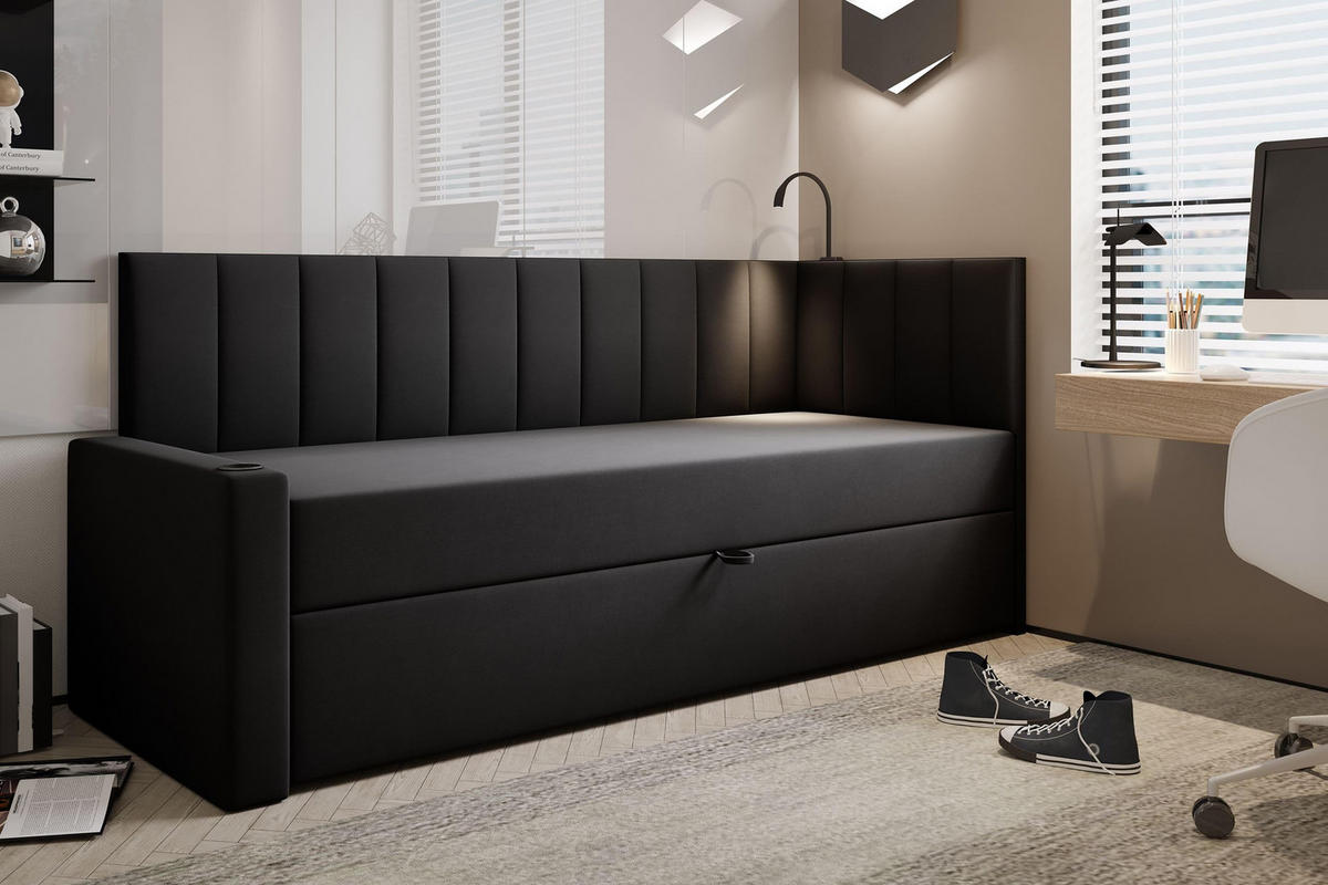 JUGENDBETT, 90 x 200 cm, Tokio, Bett mit Bonellmatratze H3 und Bettkasten, Einzelbett, Schwarz - Schwarz, Holzwerkstoff/Kunststoff (90/200cm) - Trada