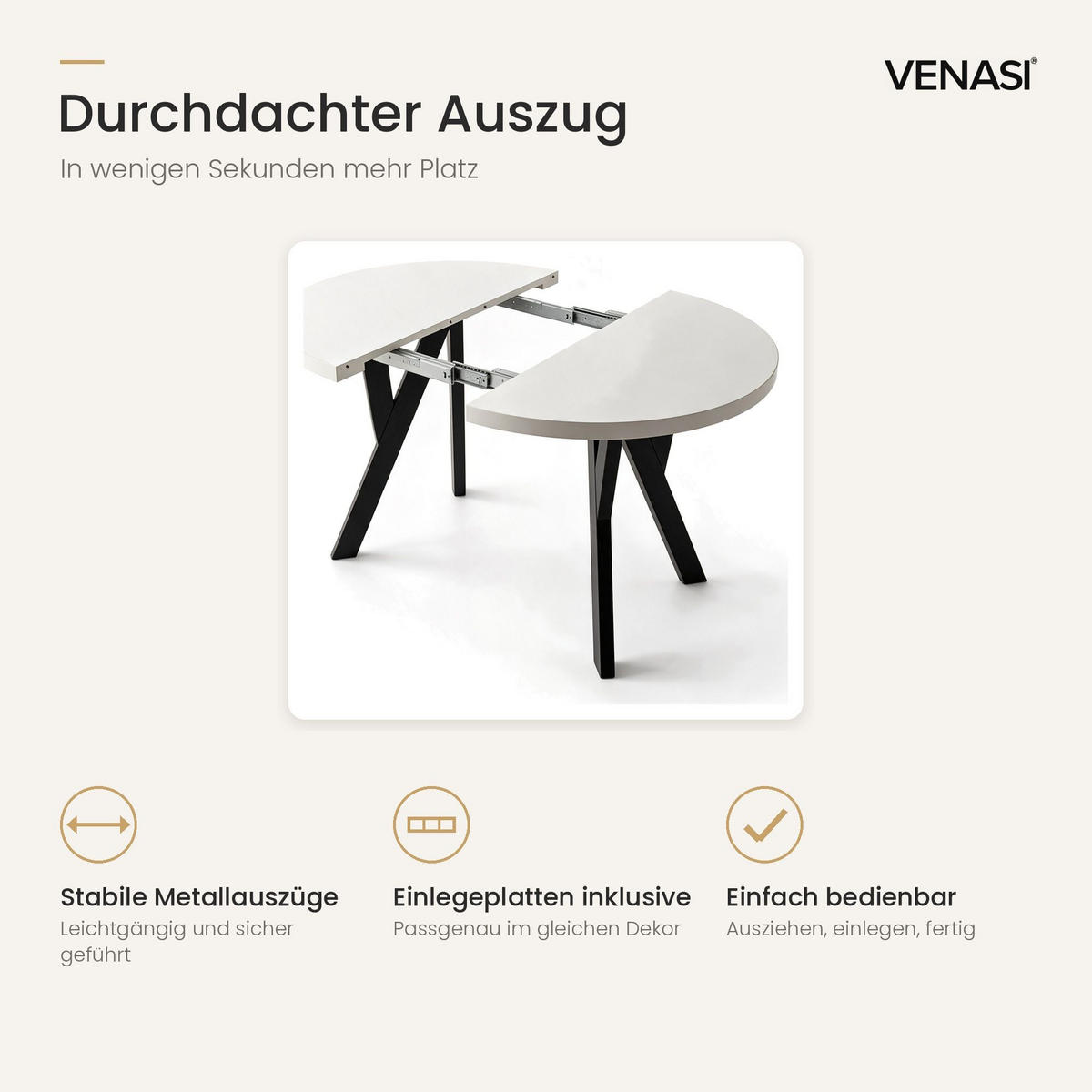 ESSTISCH ausziehbar rund 90-190 cm ATO Weiß, Auszugstisch mit Einlegeplatte - Schwarz/Weiß, Holzwerkstoff (90/90/77cm) - VENASI MÖBEL