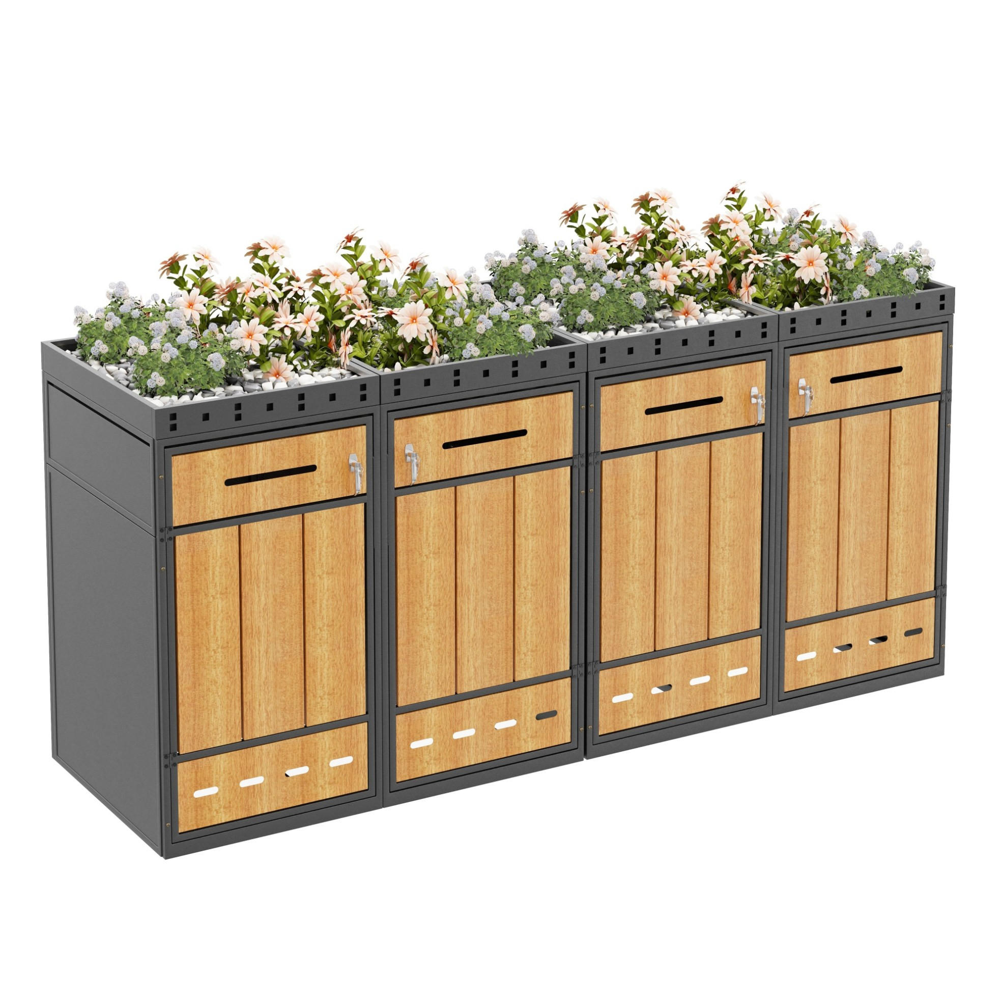 Modfu BOX na popelnice z oceli 264x80x124 cm šedá v dekoru dřeva pro 4 nádoby 120-240 l se zamykáním