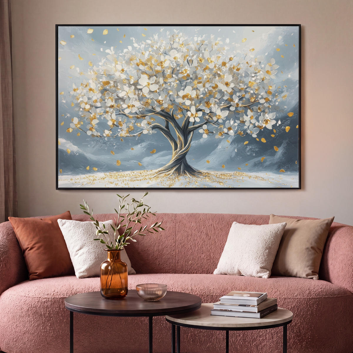 LEINWAND Bilder mit Rahmen - Baum - Winter - Baum des Lebens - Modern - Gold - 140x90 - Goldfarben, Textil (140/90cm) - MuchoWow