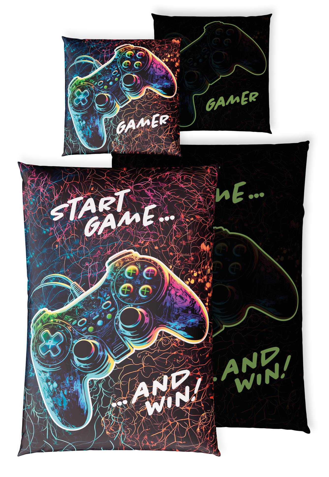KINDERBETTWÄSCHE 135x200 cm Gamer Gamepad aus 100% Baumwolle - Leuchtet um Dunkeln - Schwarz, Textil (135/200cm) - Carpe Sonno