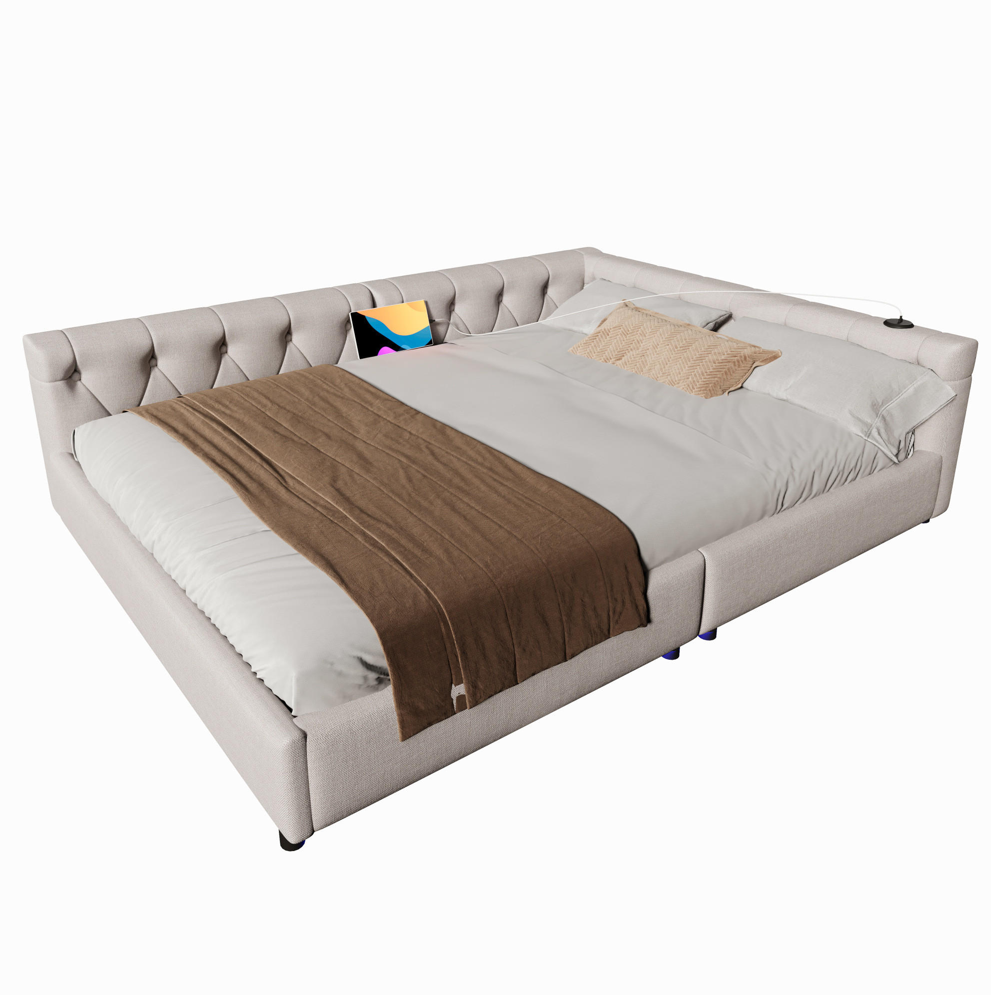 POLSTERBETT 140/200 cm Beige aus Leinen mit LED-Beleuchtung und USB-Anschluss - Beige, Textil (140/200cm) - OKMYHOME