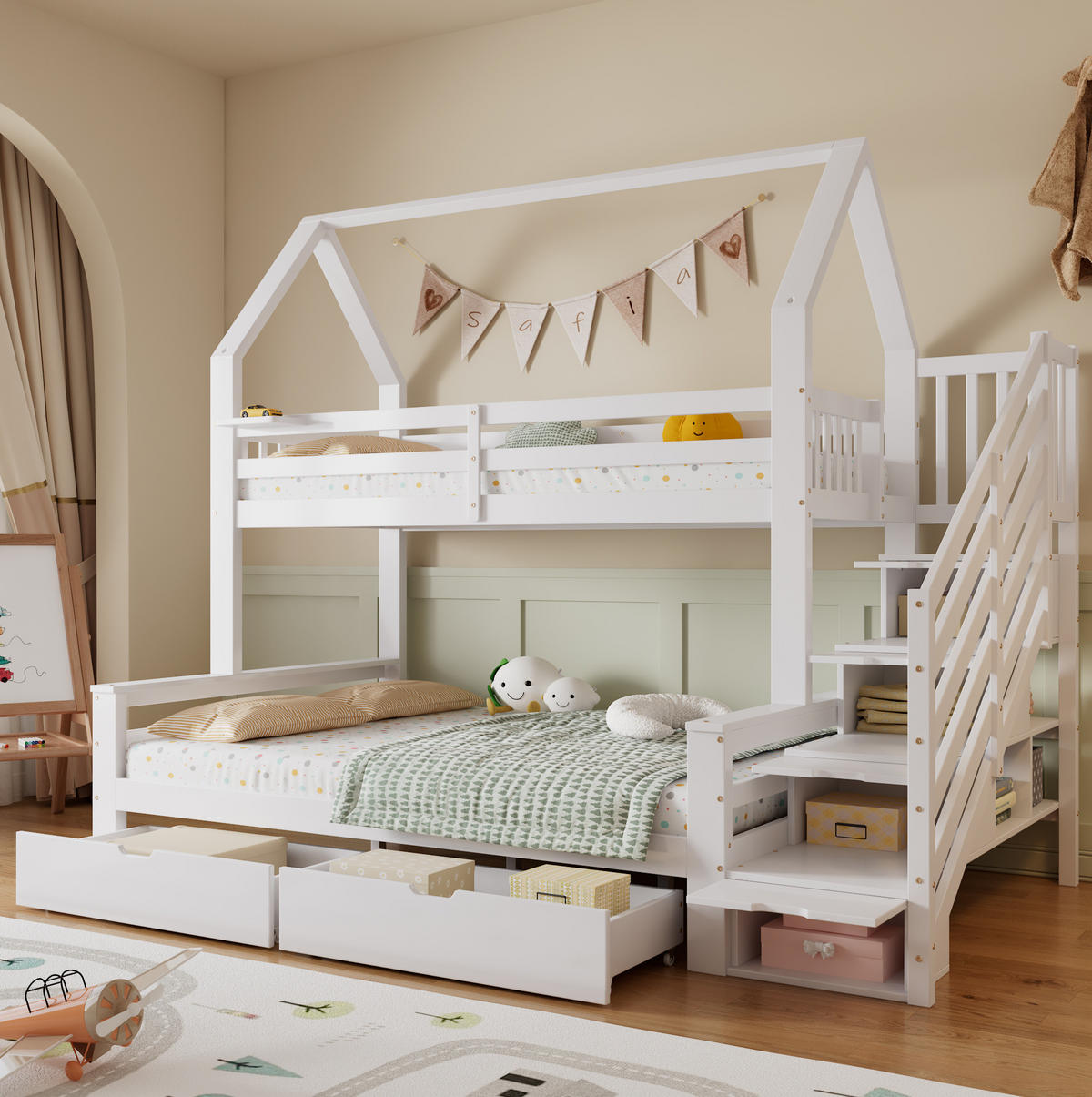 HAUSBETT 90/200 cm & 140/200 cm Weiß mit Treppenschrank und Schubladen - Weiß, Holzwerkstoff (90/200cm) - Flora Grace