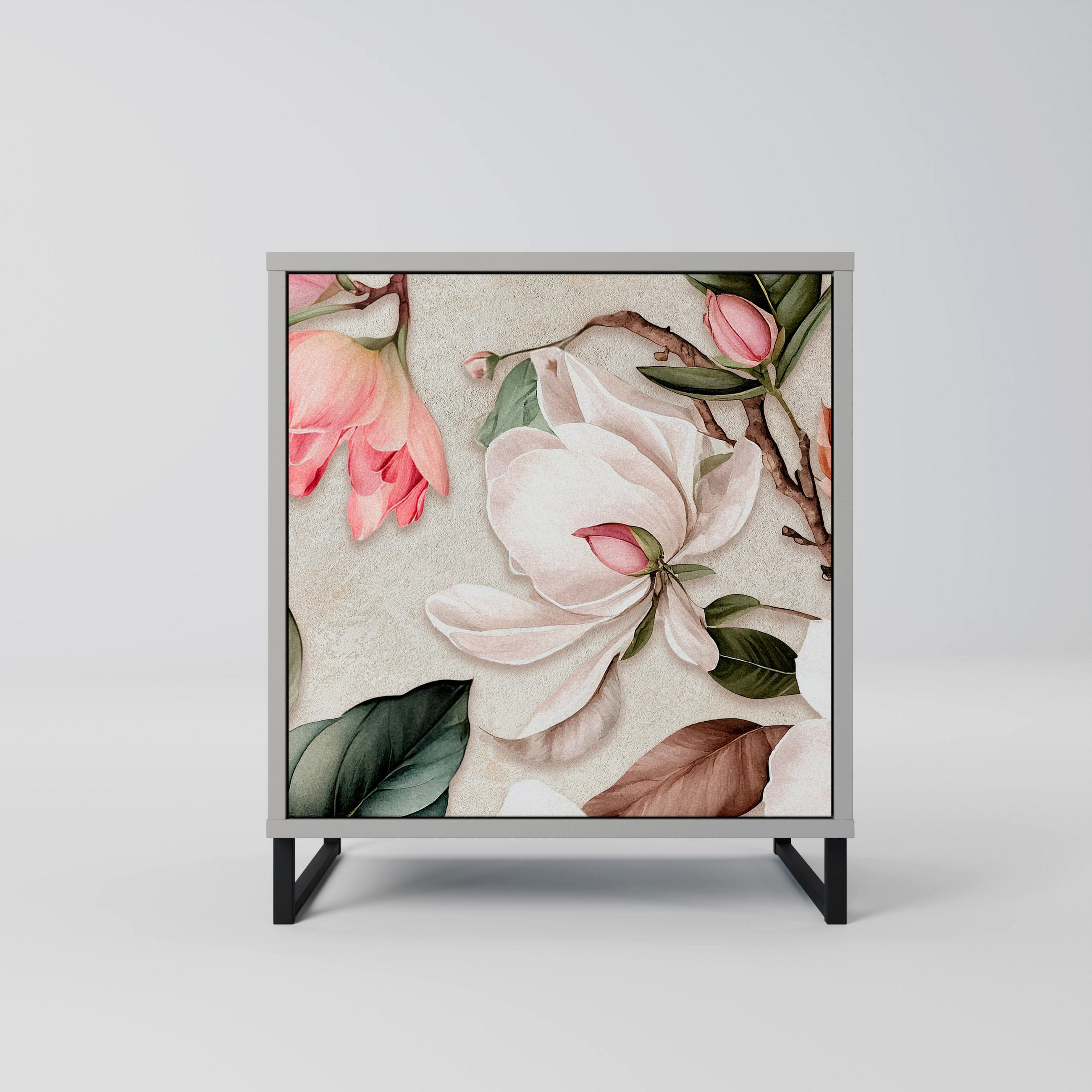 SIDEBOARD FLORAL GRACE, Grau, 57,5x42x67,5 cm, Schwarze Metall-Rahmenfüße - Multicolor/Schwarz, Holzwerkstoff/Metall (57.5/67.5/42cm) - SpaceRebels
