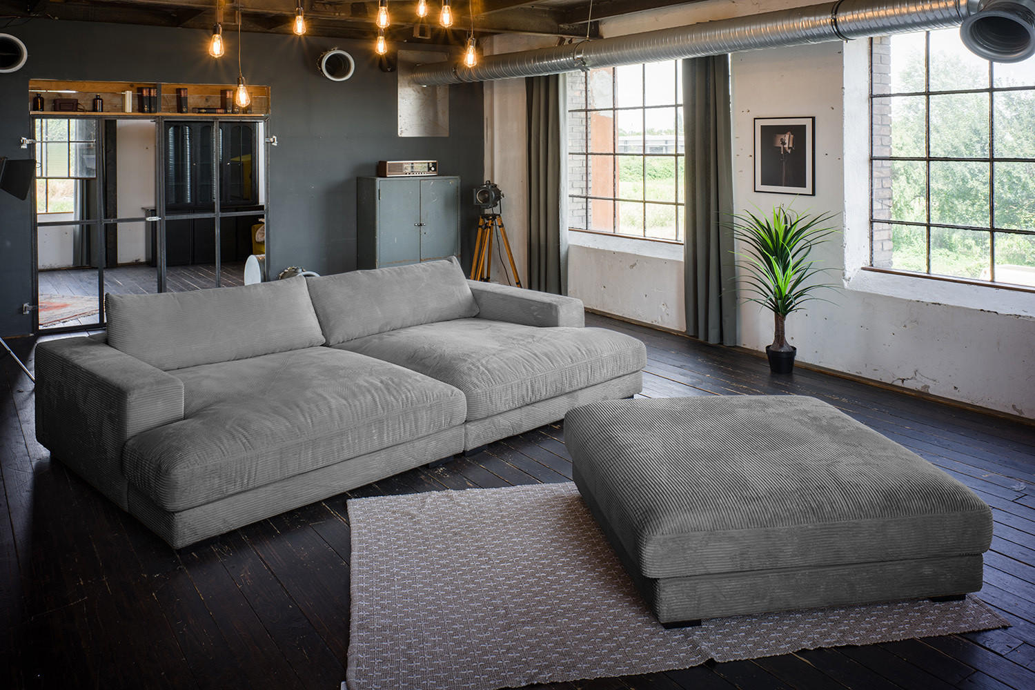 BIG SOFA-SET MIT TABLETT NATUR MADELINE Grau Cord - Schwarz/Grau, Kunststoff/Textil (290/85/170cm) - KAWOLA