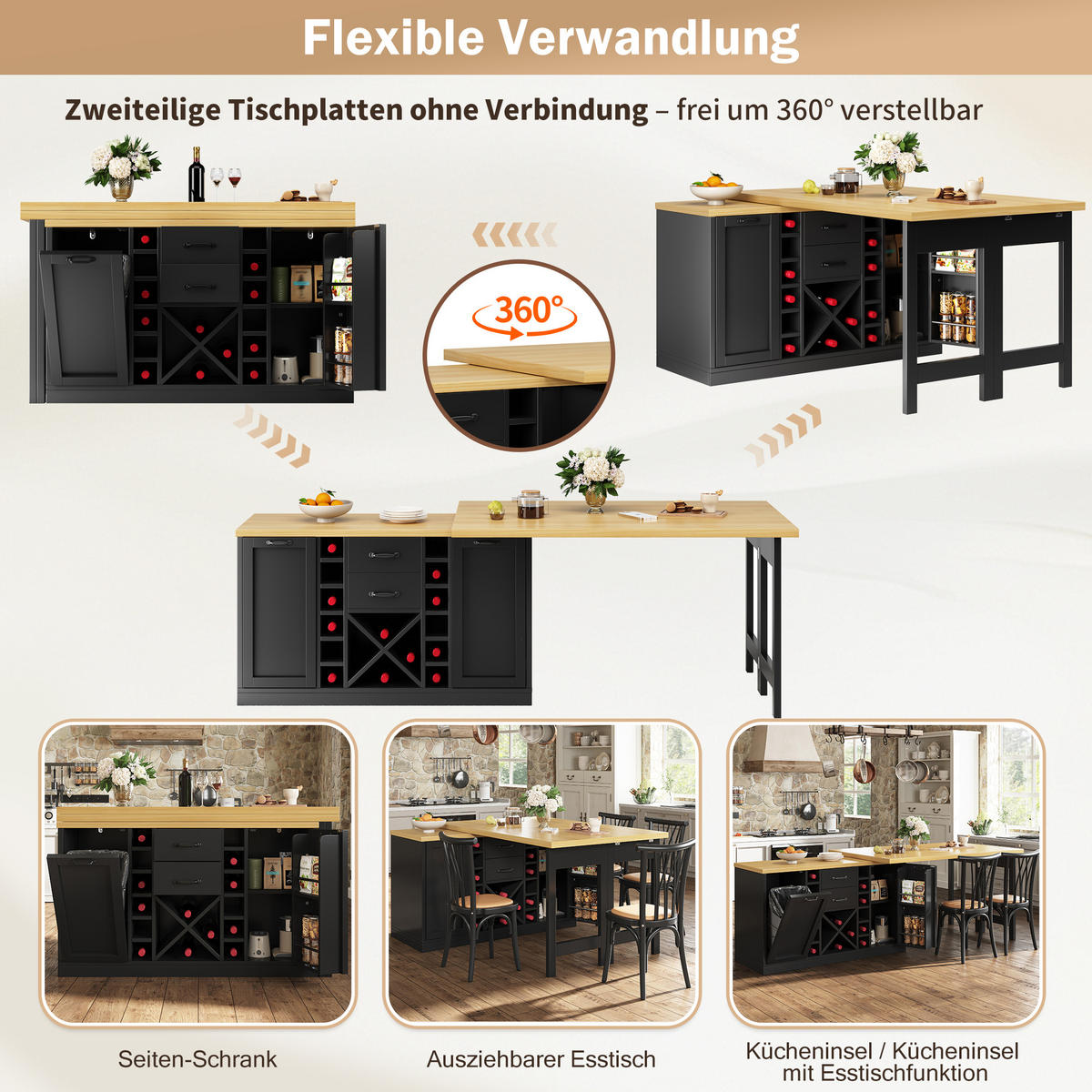 KÜCHENINSEL 360° Drehbar Ausziehbar Stauraum Weiß Schwarz - Schwarz, Metall (120/73.8/40cm) - FLIEKS