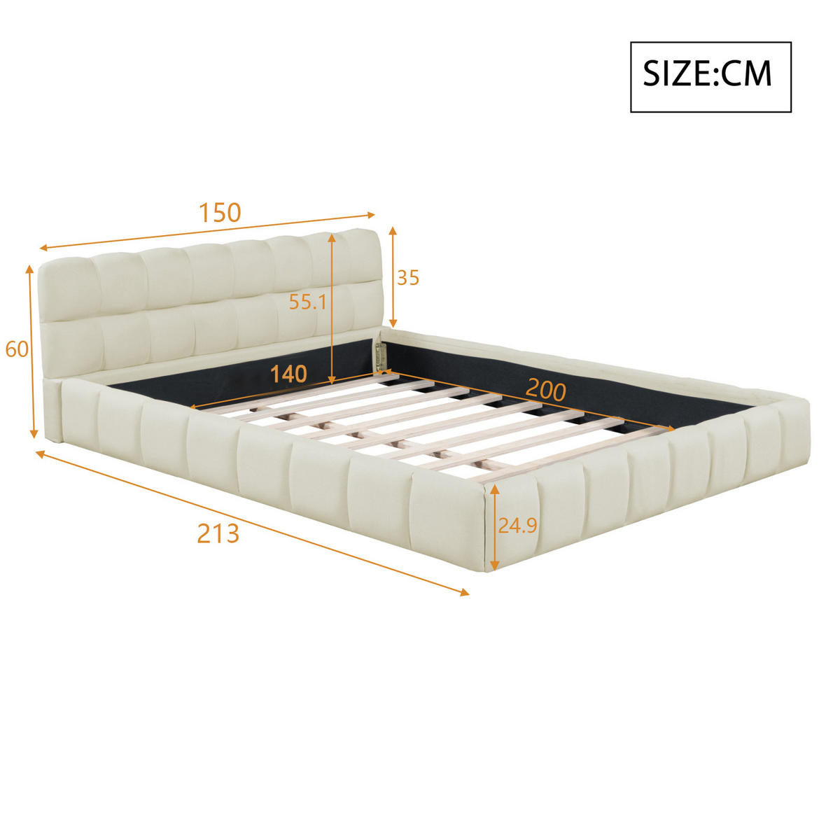 POLSTERBETT Block-Steppung 140/200 cm mit Stoßschutz-Rahmen Leinenoptik Beige - Beige, Textil (140/200cm) - Creahappy