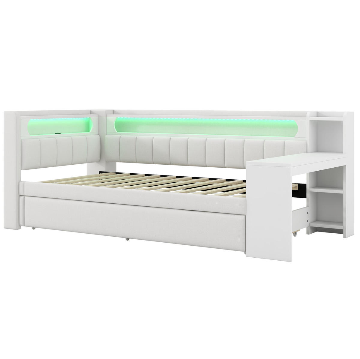 KREVET 90/200 cm s LED osvjetljenjem, USB priključkom, izvlačnim krevetom i radnim stolom, Bijeli - bijela, drvni materijal (90/200cm) - Redom