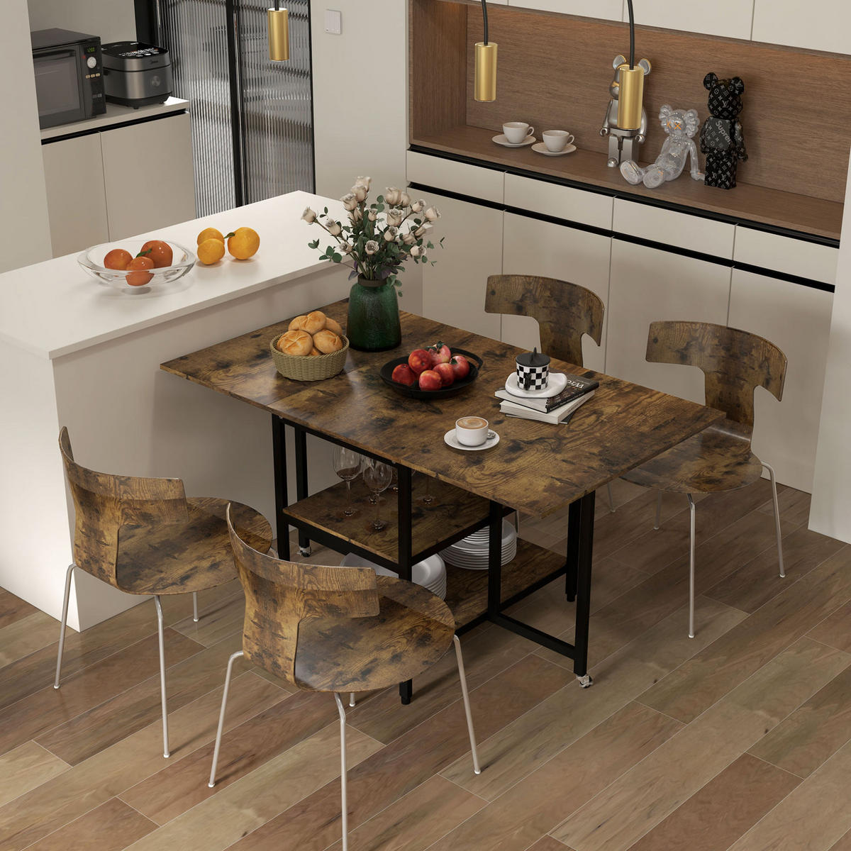 KLAPPTISCH 140/80/75 cm, platzsparend, seitlich ausklappbar mit Ablagen - Braun, Metall (140/80/75cm) - BEAOK