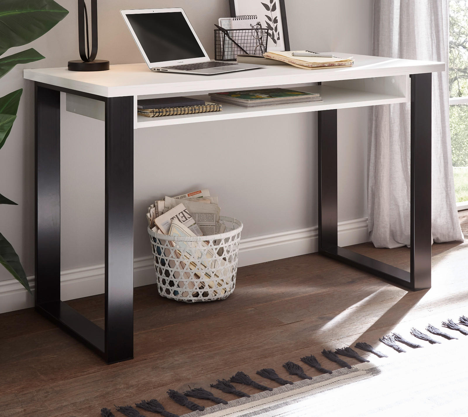 BÜROMÖBEL-SET weiß Pinie, anthrazit Landhaus, Kombination mit Aktenschrank - Anthrazit/Weiß, Holzwerkstoff/Metall (60/220/91cm) - Furn.Design
