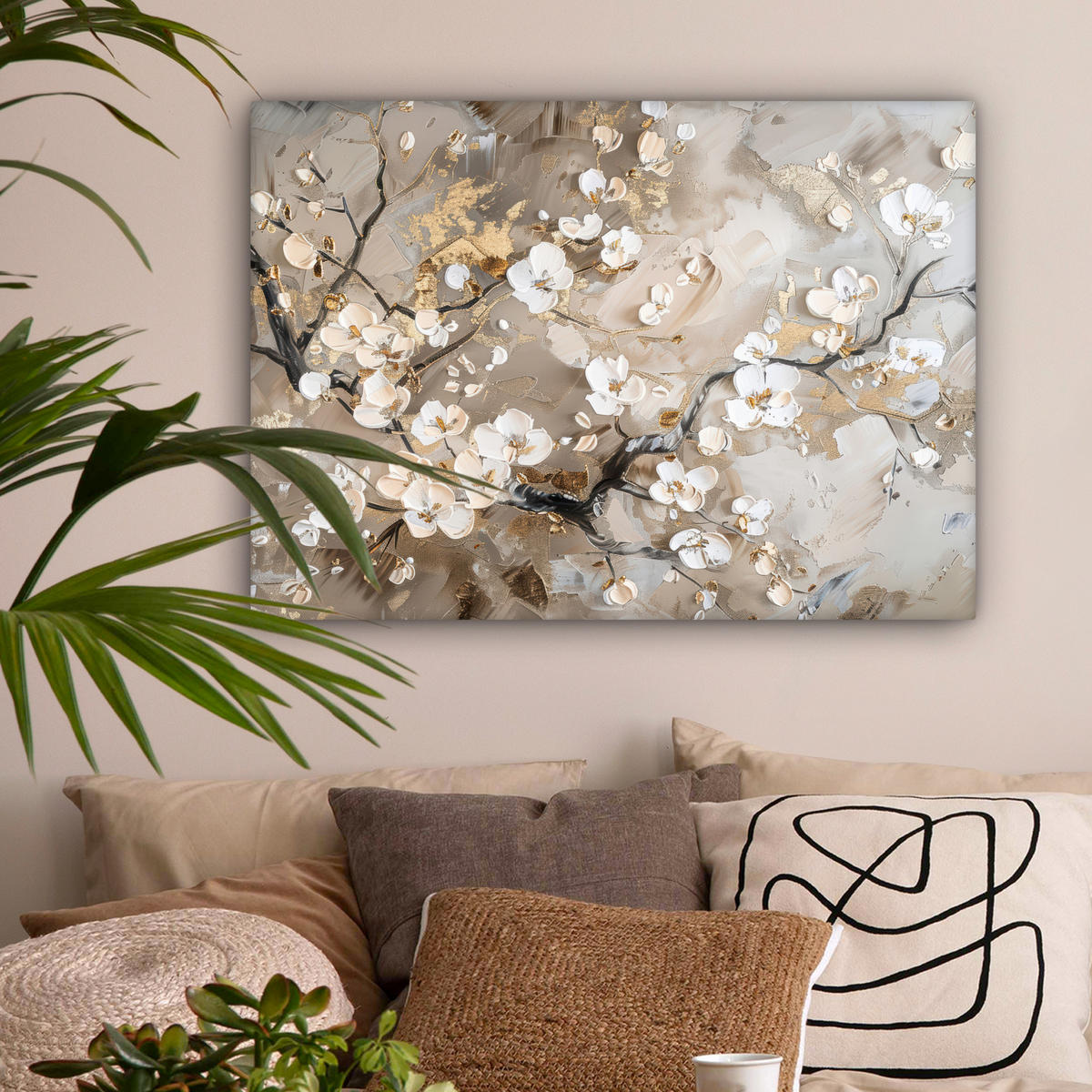 LEINWANDBILD - Blumen - Weiß - Gold - Beige - Luxus - 80x60 - Malerei - Greige, Textil (80/60cm) - MuchoWow