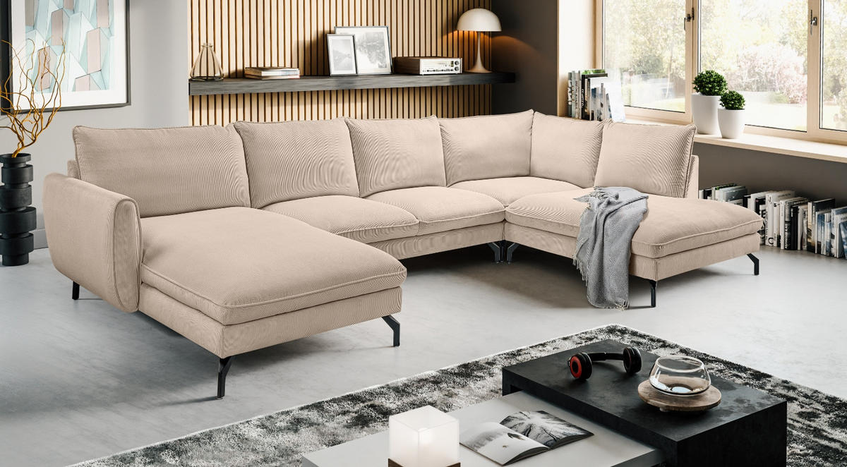 SOFA beige Cord-Stoff 202 x 361 cm, Wohnlandschaft U-Form - Beige/Schwarz, Holz/Textil (361/87/202cm) - Inn.Furn