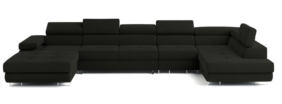 WOHNLANDSCHAFT VELORA R-S Schwarz Velours-Stoff mit Schlaffunktion - Schwarz, Holz (419/90/202cm) - MASSENO