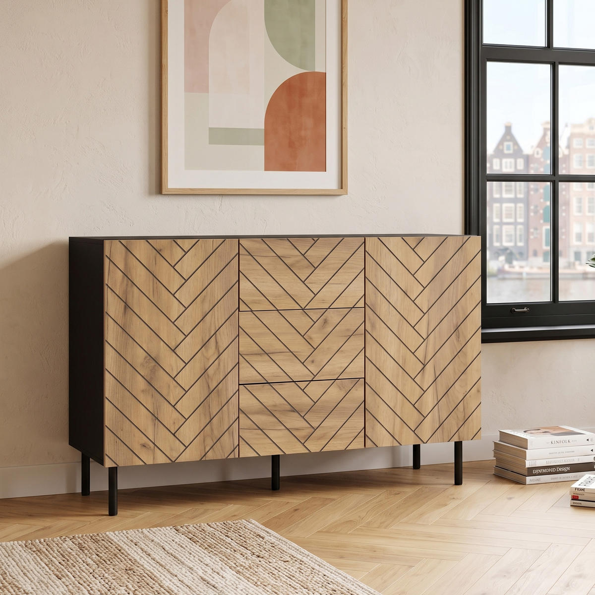BUFET 120 cm aspect lemn și negru cu 3 sertare și 2 uși - culoare naturală, compozit lemnos (120/76/40cm) - Urban Meuble