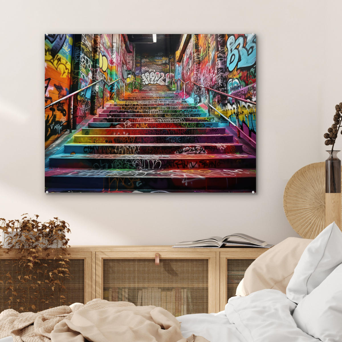 ACRYLGLASBILD Treppe - Graffiti - Farben - Kunst 80x60 cm - Multicolor, Glas (80/60cm) - MuchoWow