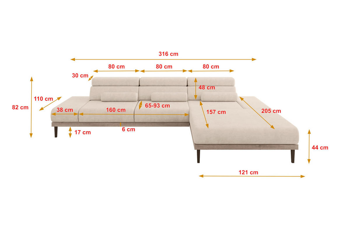 ELEKTRISCHES ECKSOFA Rechts MONA 316x205x85 Beige Velours - Sahara, Holzwerkstoff/Textil (316/205cm) - ALTDECOR