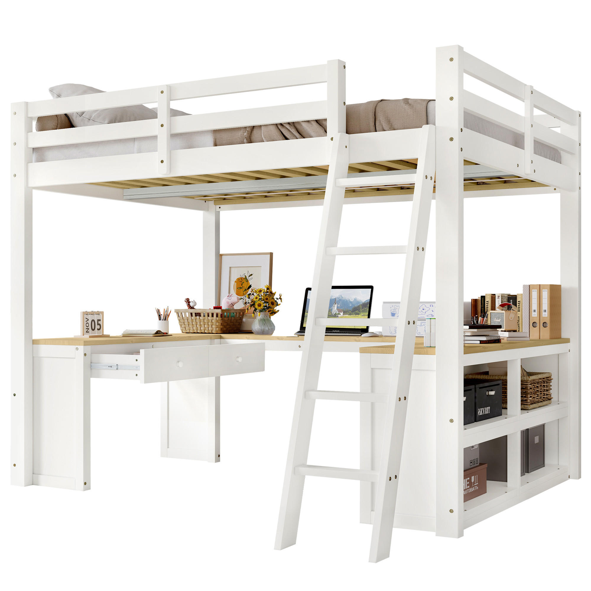 HOCHBETT 140/200 cm Weiß+Natur mit U-förmigem Langtisch und zwei Schubladen aus Kiefer und MDF - Weiß, Holzwerkstoff (140/200cm) - OKWISH