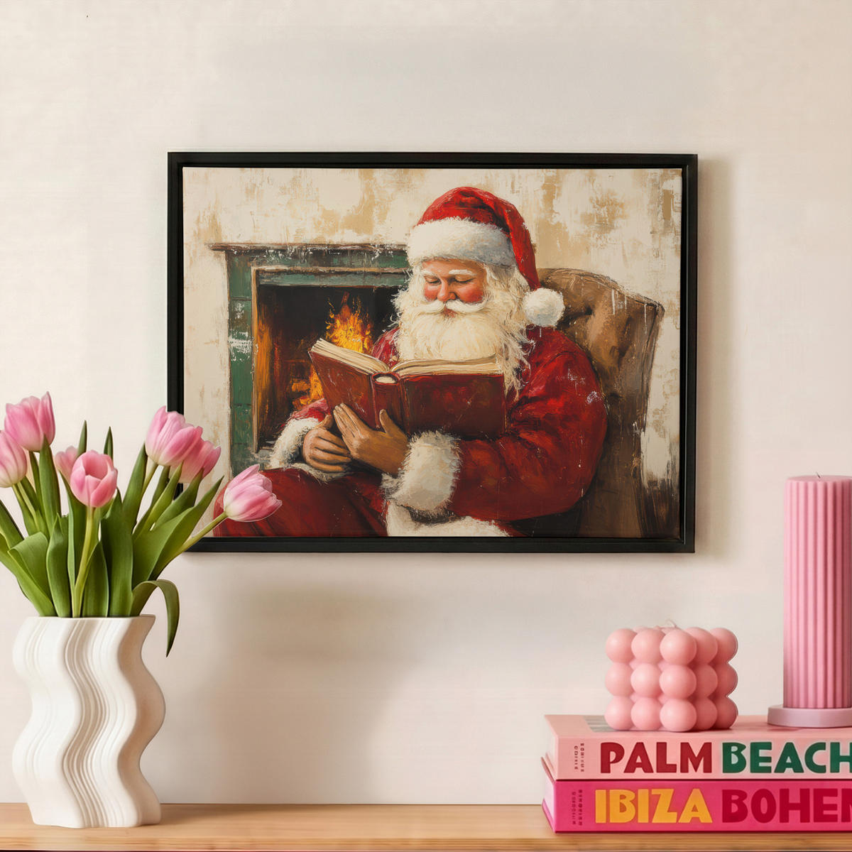 LEINWAND Bilder mit Rahmen - Weihnachten - Weihnachtsmann - Winter - Open Fireside - 40x30 - Dunkelrot, Textil (40/30cm) - MuchoWow