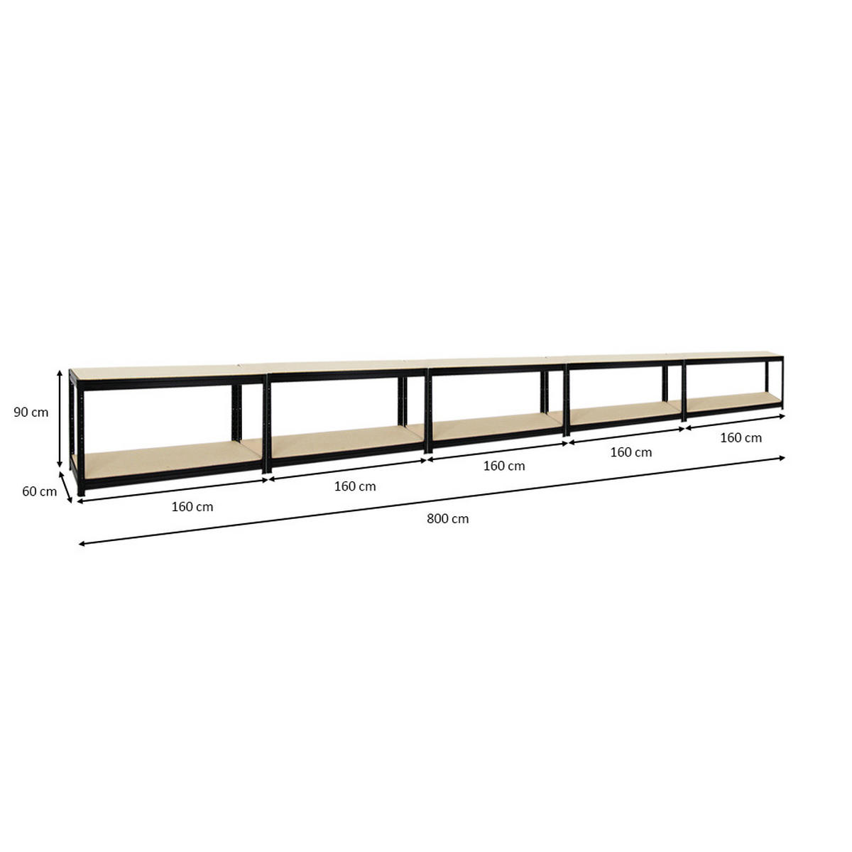 WERKBANK Dino 5er-Set mit 5x höhenverstellbar 90x160x60 cm Traglast 600 kg Schwarz - Schwarz, Metall (800/90/60cm) - PROREGAL
