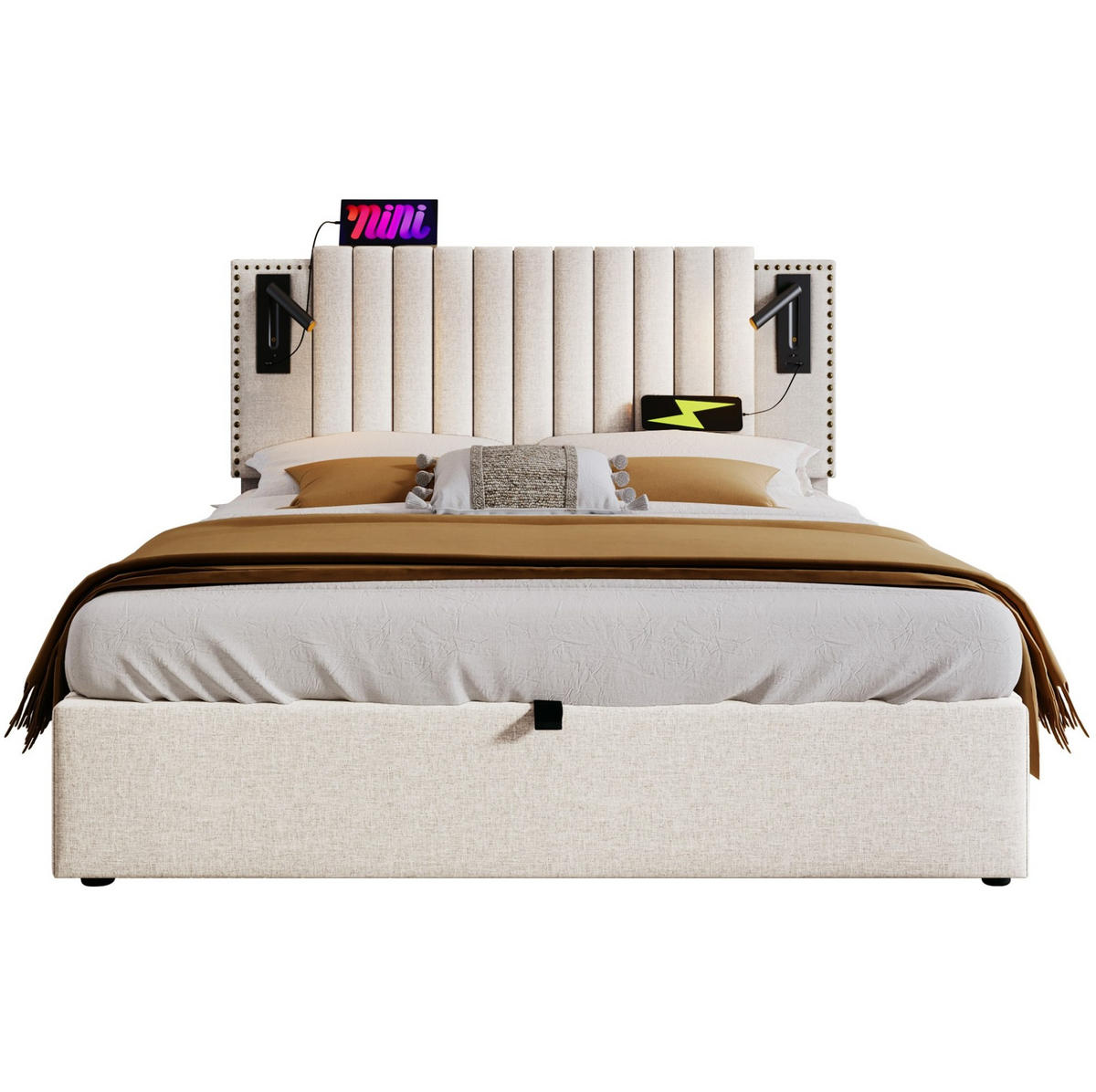 POLSTERBETT 160/200 cm mit Bettkasten, USB-C und verstellbarem Kopfteil - Beige, Textil (160/200cm) - BEAOK