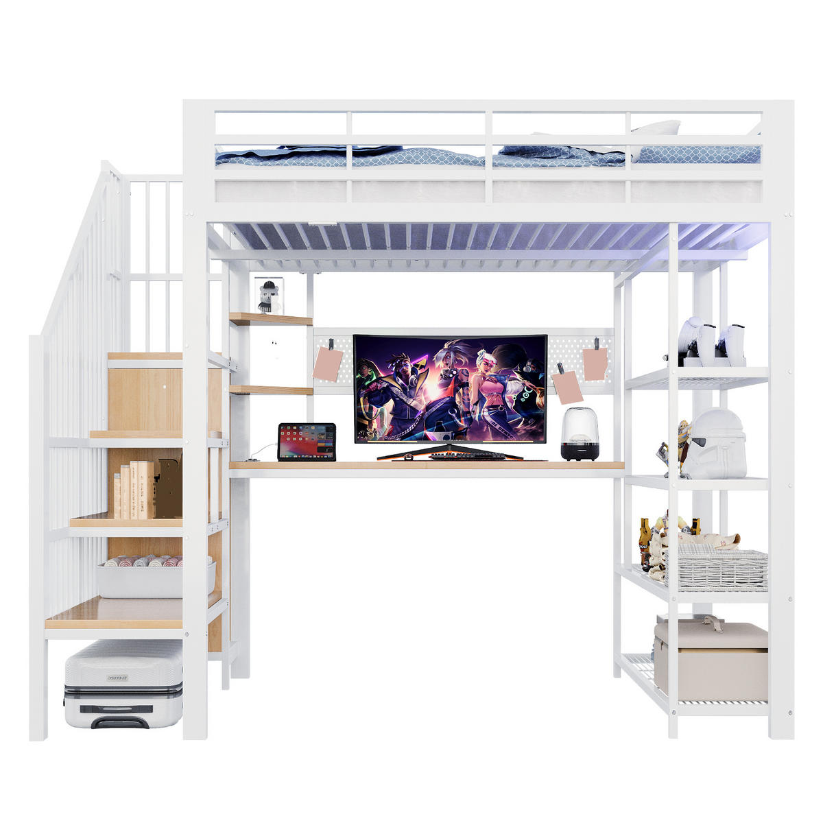 HOCHBETT 140/200 cm aus Metall und Holz mit Staumtreppe LED-Beleuchtung und Schreibtisch Weiß - Weiß, Metall (140/200cm) - Modenvie