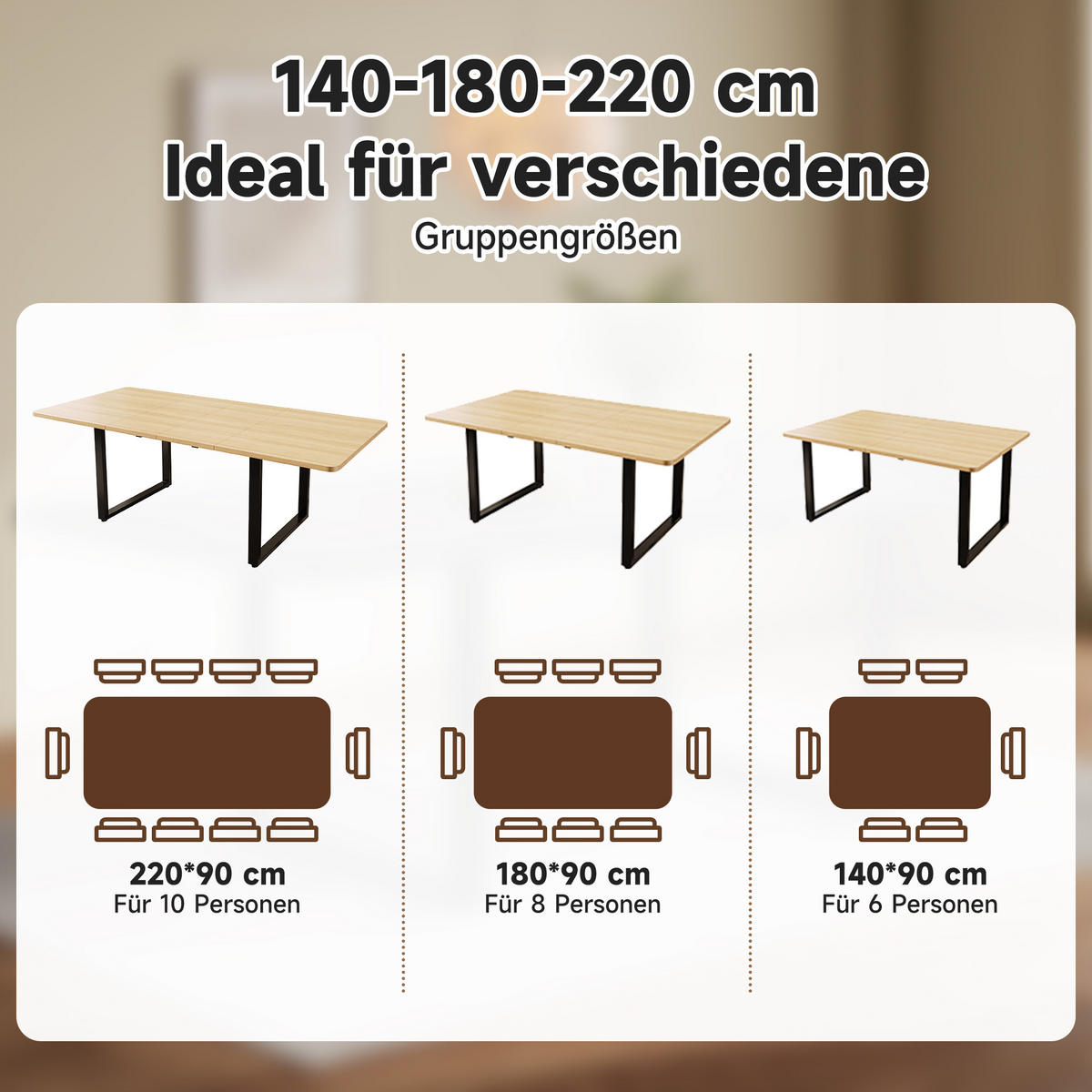 ESSTISCH Ausziehbar 3 Längen Eichenfarbe Metallbeine 140-220x90cm - Eichefarben, Holzwerkstoff (220/90/75cm) - FLIEKS