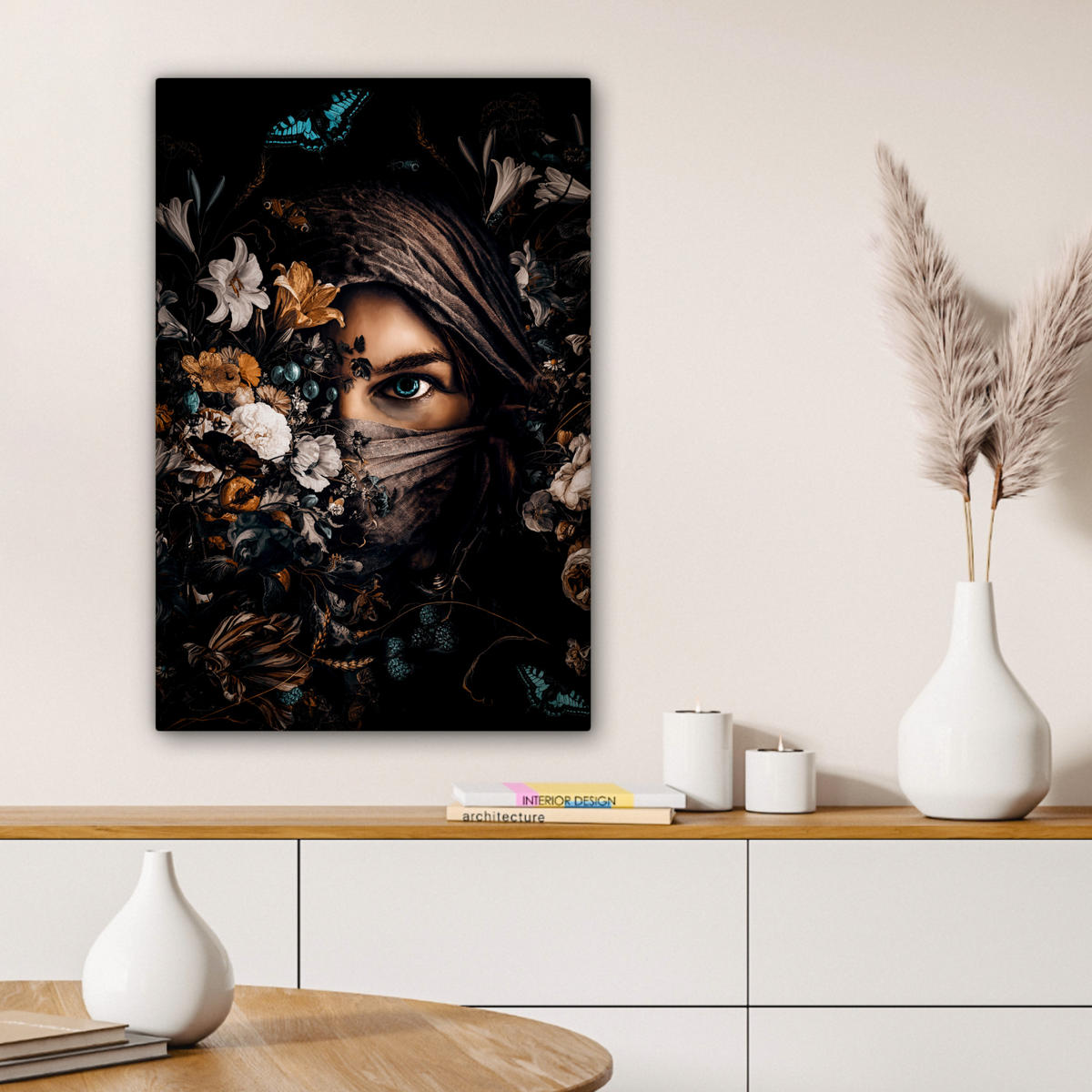 LEINWANDBILD Frau - Luxus - Blumen - Schmetterling - Porträt Wanddeko 40x60 cm - Schwarz, Textil (40/60cm) - MuchoWow