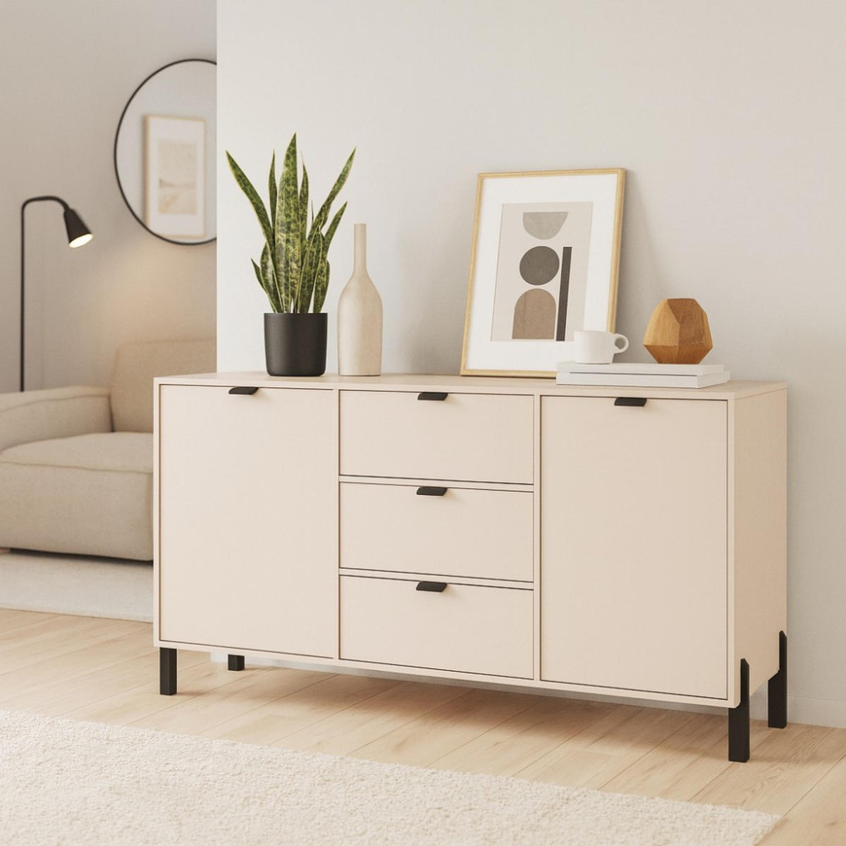 KOMMODE Cortina mit 2 Türen und 3 Schubladen, Sandbeige - Sandfarben/Schwarz, Holzwerkstoff (160/85/45cm) - Beautysofa