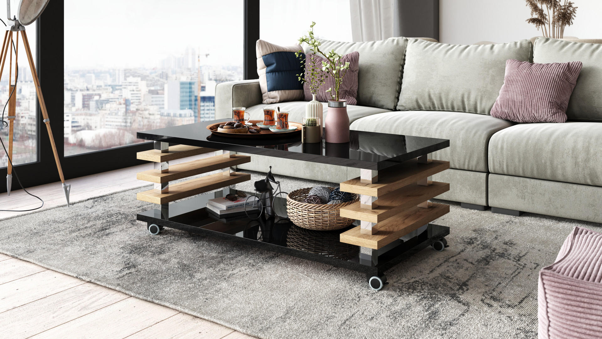 COUCHTISCH rechteckig Schwarz Hochglanz - Eiche Gold Ablage Rollen - Schwarz Hochglanz/Eichefarben, Holzwerkstoff (60/120/45cm) - designimpex