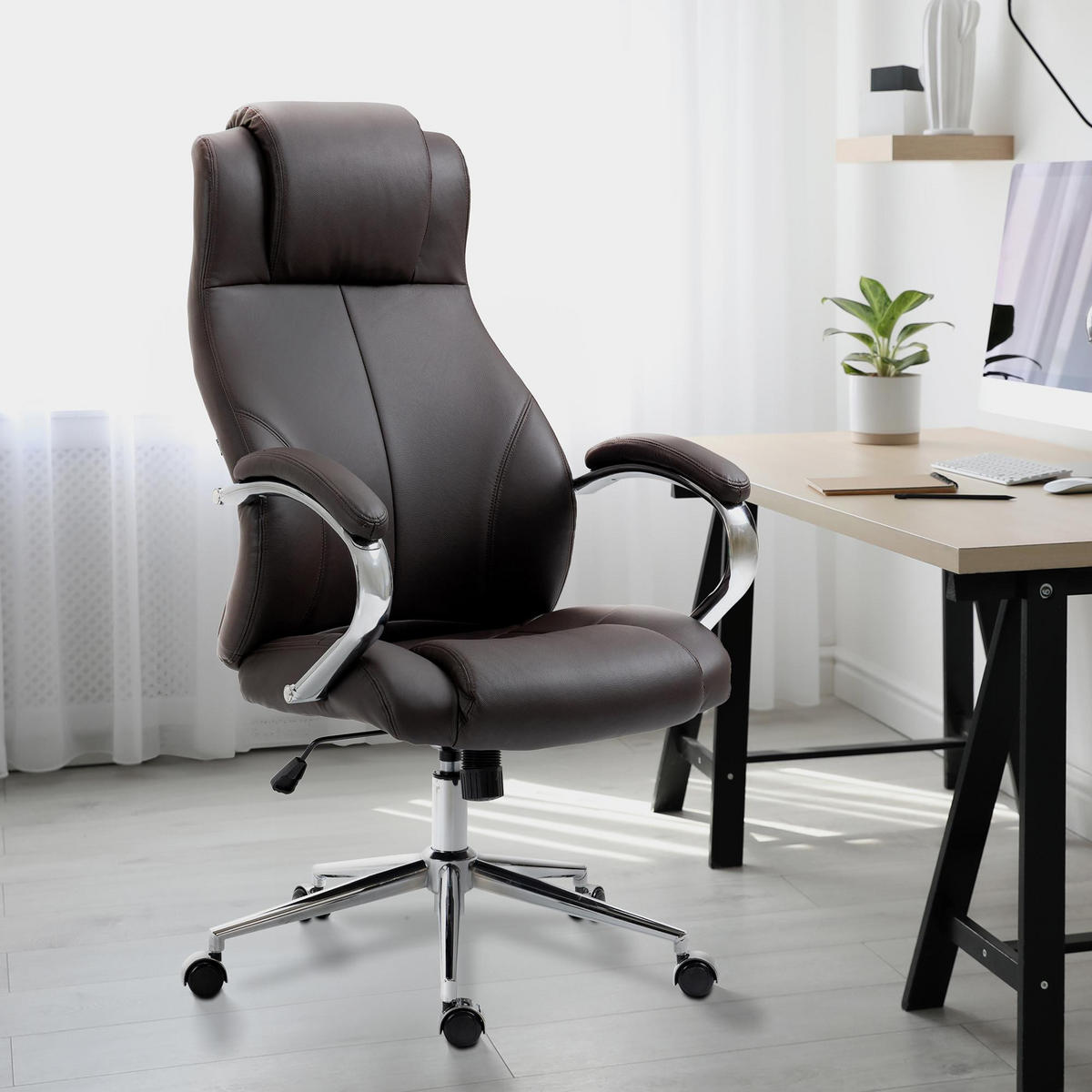 CHEFSESSEL Echtleder braun - Chromfarben/Braun, Leder/Metall (64/120/79cm) - CLP