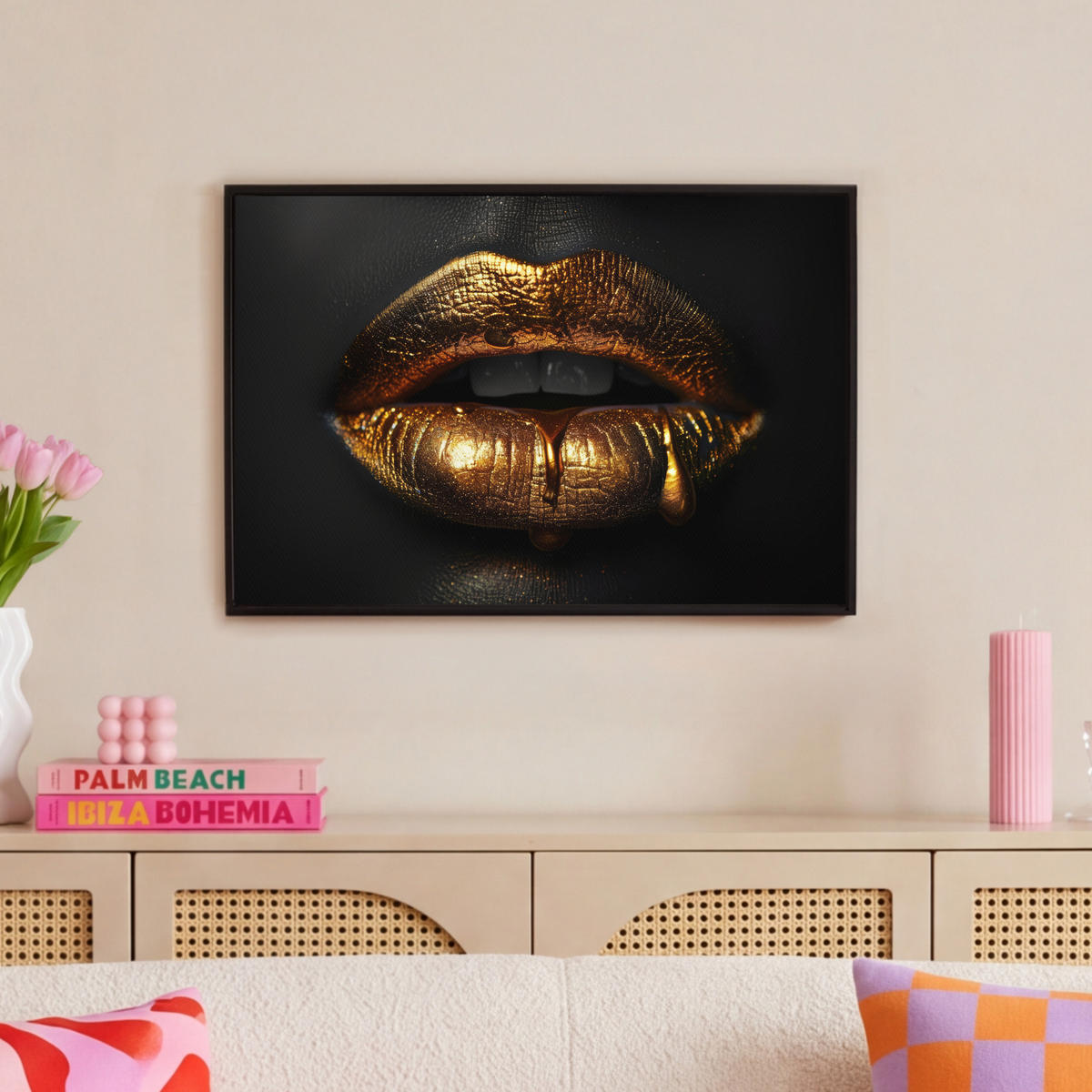 LEINWAND Bilder mit Rahmen - Frau - Porträt - Lippen - Gold - Schwarz - 60x40 - Schwarz, Textil (60/40cm) - MuchoWow