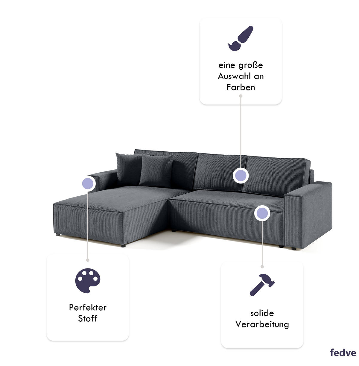 ECKSOFA Couch Sofagarnitur Sekwana L-form Anthrazit - Anthrazit, Naturmaterialien (294/185cm) - Fedve