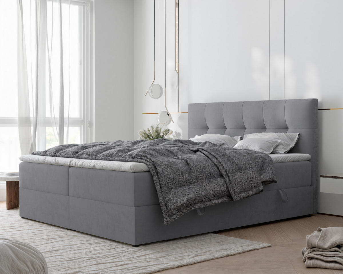 BOXBETT RENZO 200/200 cm mit Matratze und Topper, Hellgrau - Hellgrau, Holzwerkstoff/Textil (200/200cm) - Idohome