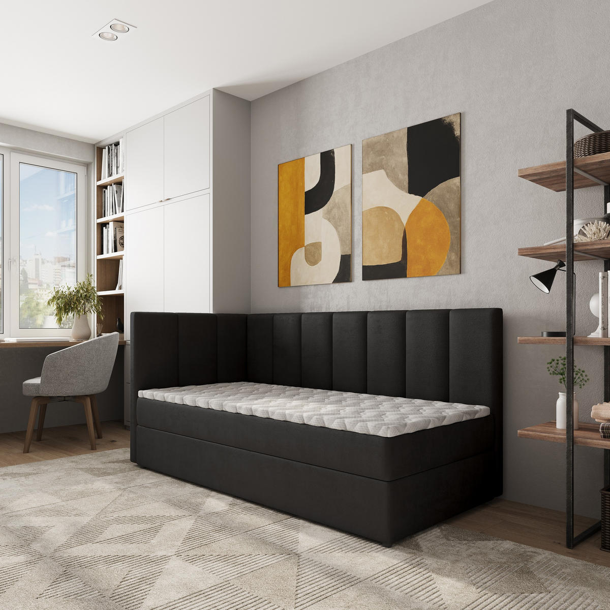 BOXBETT BEVE 90x200 cm mit Matratze und Topper, H2+H3 - Schwarz - Schwarz, Holz (90/200cm) - MASSENO