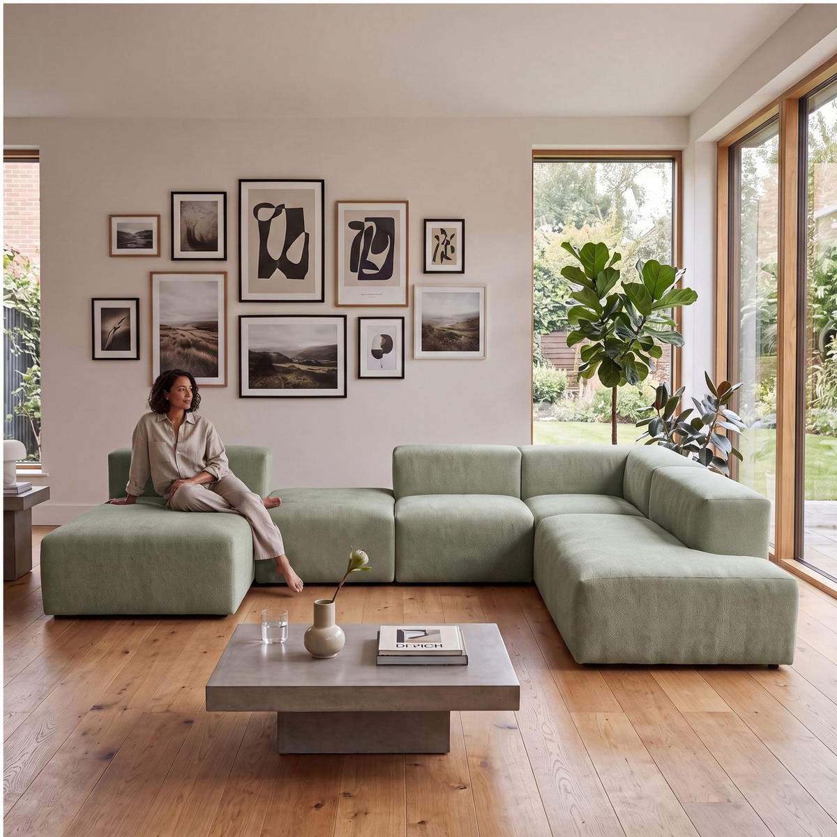 5-SITZER modulares Wohnlandschaft U XXL HEAVEN SET 6 Rechts, Breite 375 cm Webstoff Grün - Schwarz/Grün, Holz/Kunststoff (245/73/375cm) - Muffo