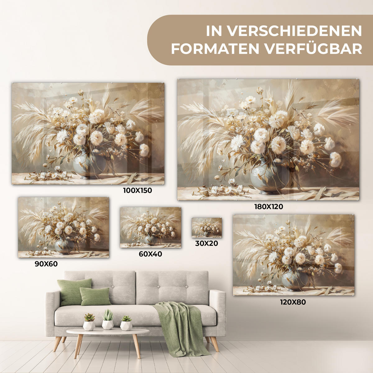 ACRYLGLASBILD Blumen - Vase - Stilleben - Beige 60x40 cm - Creme, Glas (60/40cm) - MuchoWow